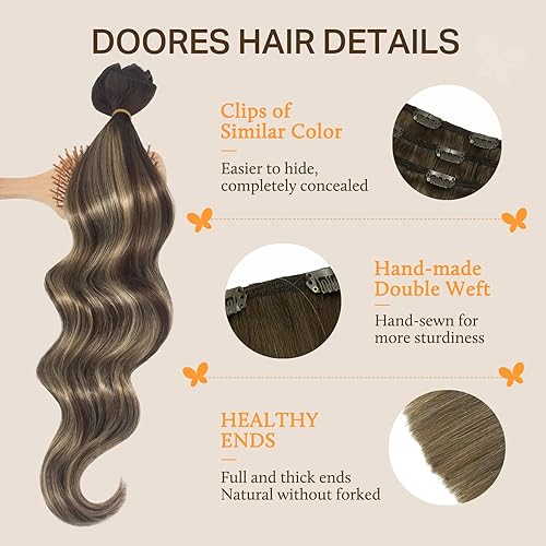 Miniatura 4 de DOORES Extensiones de cabello humano real con clip, 5 unidades, 2.82 oz, balayage, marrón chocolate a rubio miel, extensiones de cabello lacio