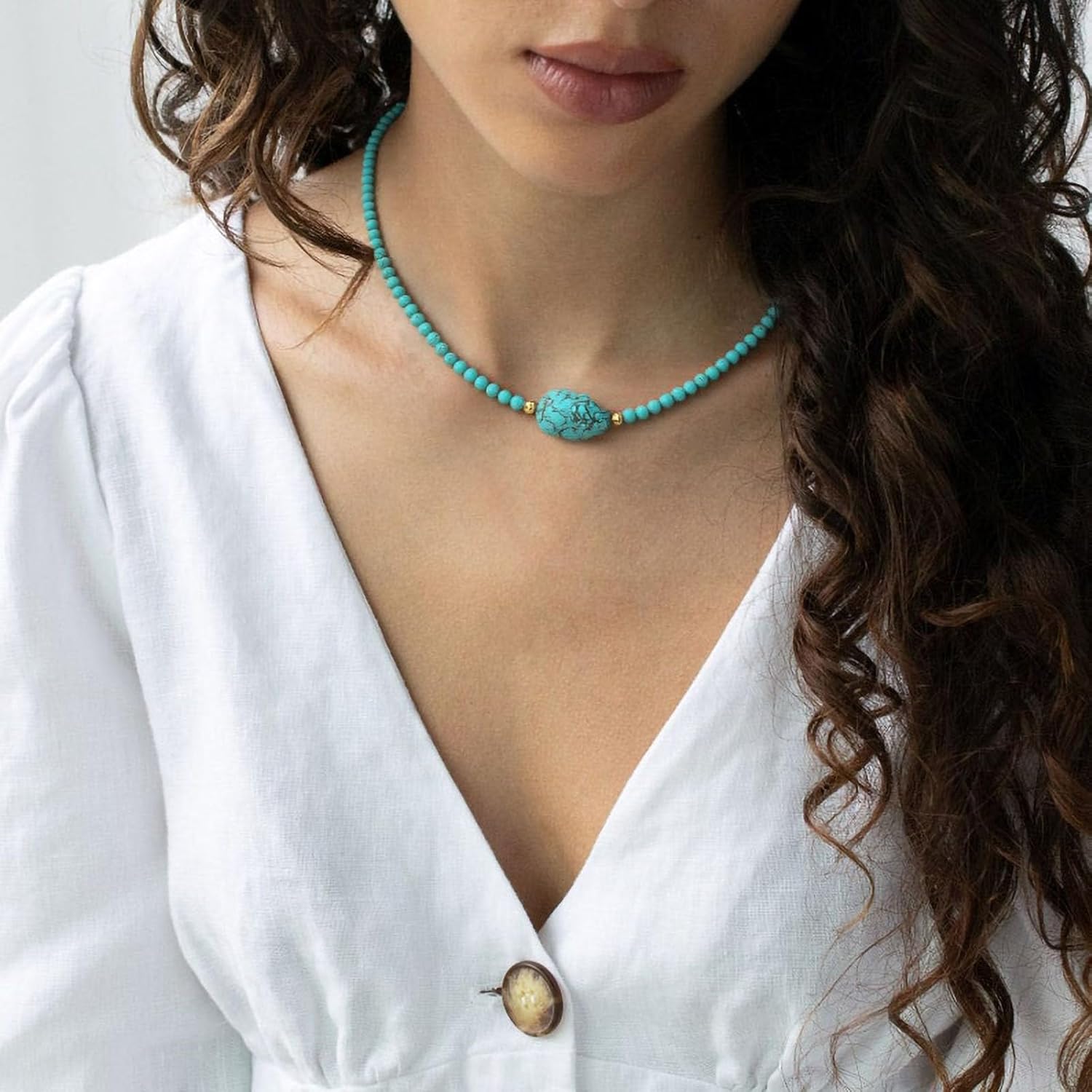 Turquoise Beaded Necklace, Bohemian Handmade 3mm Turquoise Choker Necklace for Women, Gold Plated Natural Irregular Raw Turquoise Necklace - Image 2