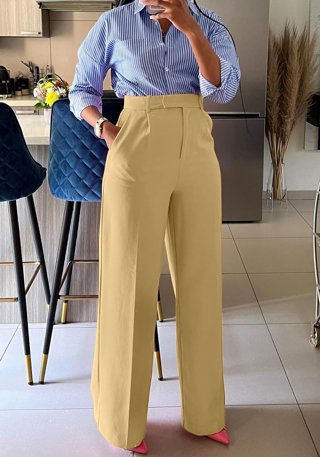 Unybwonn Women Wide Leg Dress Pants High Waisted Straight Leg Business Slacks Work Pants Casual Button Down Trousers - Image 3
