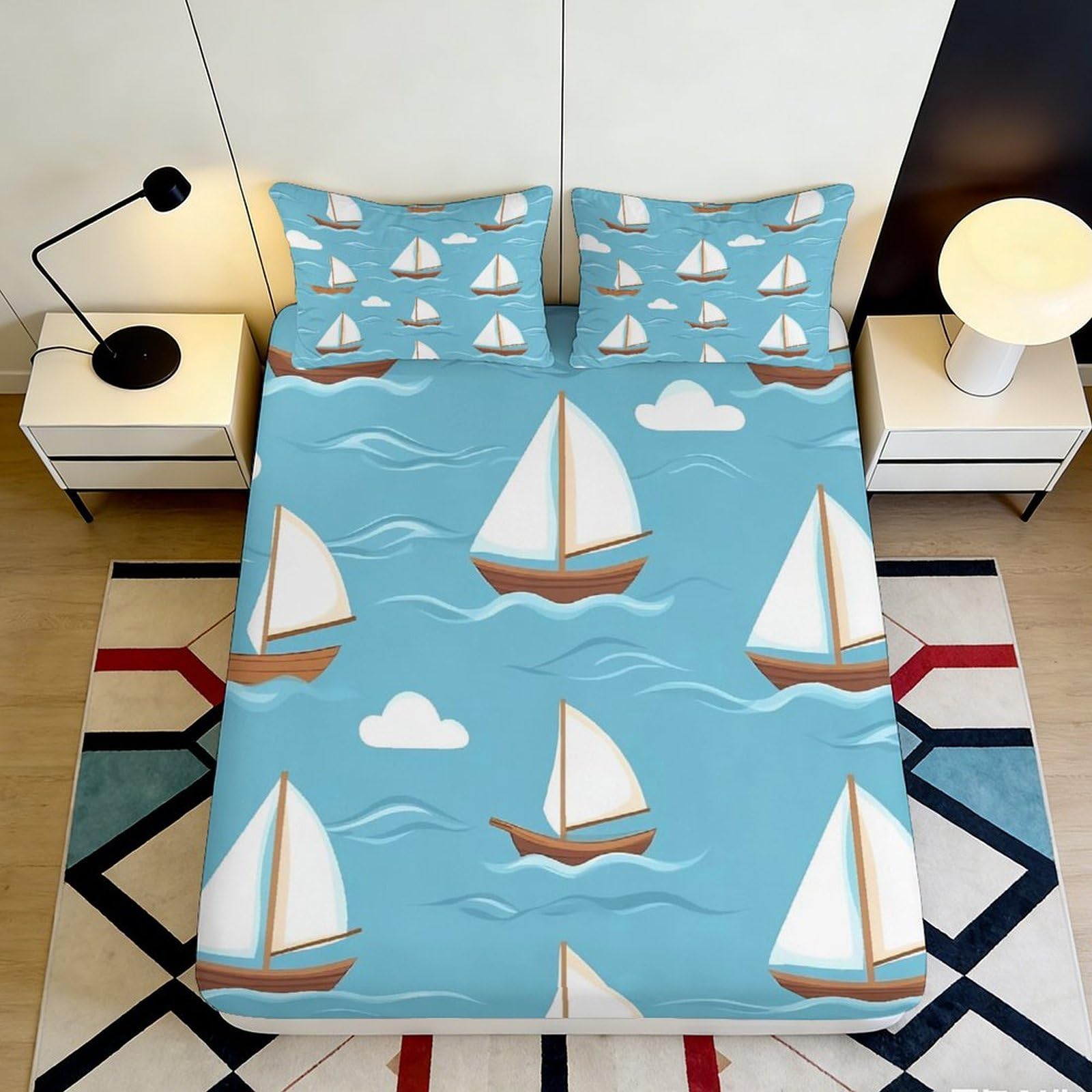 3D Printed Sailboat Fitted Sheet Microfiber Soft Breathable Ocean Pattern Bed Cover for Bedroom Dormitory Guest Room Mattress Protection 180x200x25cm