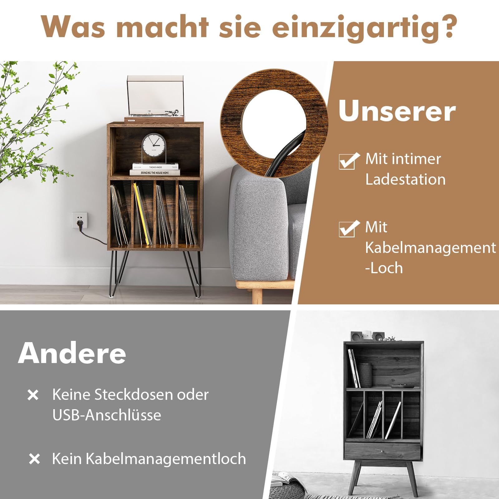 COSTWAY Plattenspieler-Ständer mit Ladestation, 3-stufiger Schallplattenständer, Vinylplatten Aufbewahrungstisch mit Regal & 4 Trennwänden für Wohnzimmer 48 x 40 x 88 cm (Industriell)