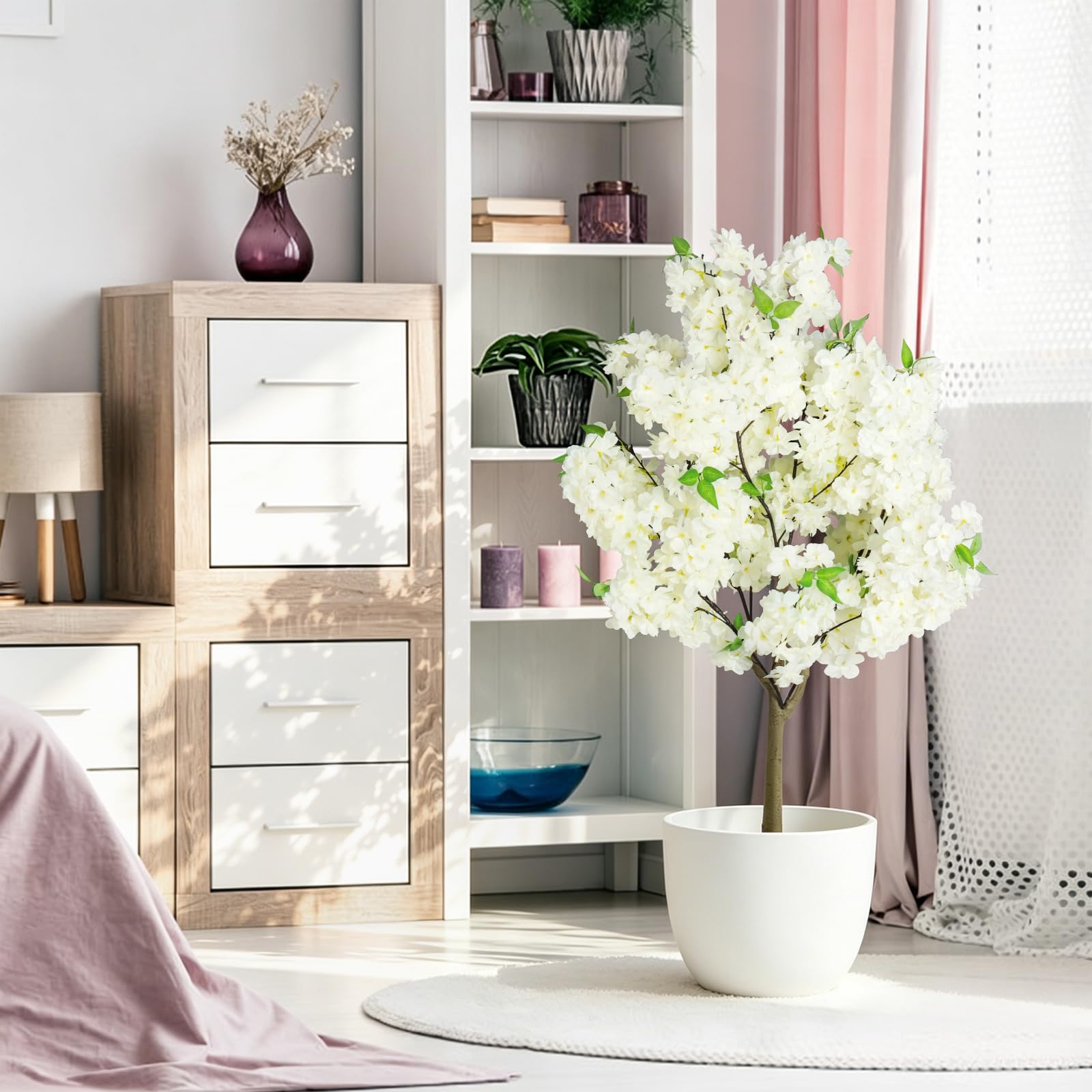 Árbol de Cerezo Artificial Grande 120 cm, Blanco Planta Imitación Floral con Maceta Incluida, Decoración Interior y Exterior para Casa, Eventos y Hoteles