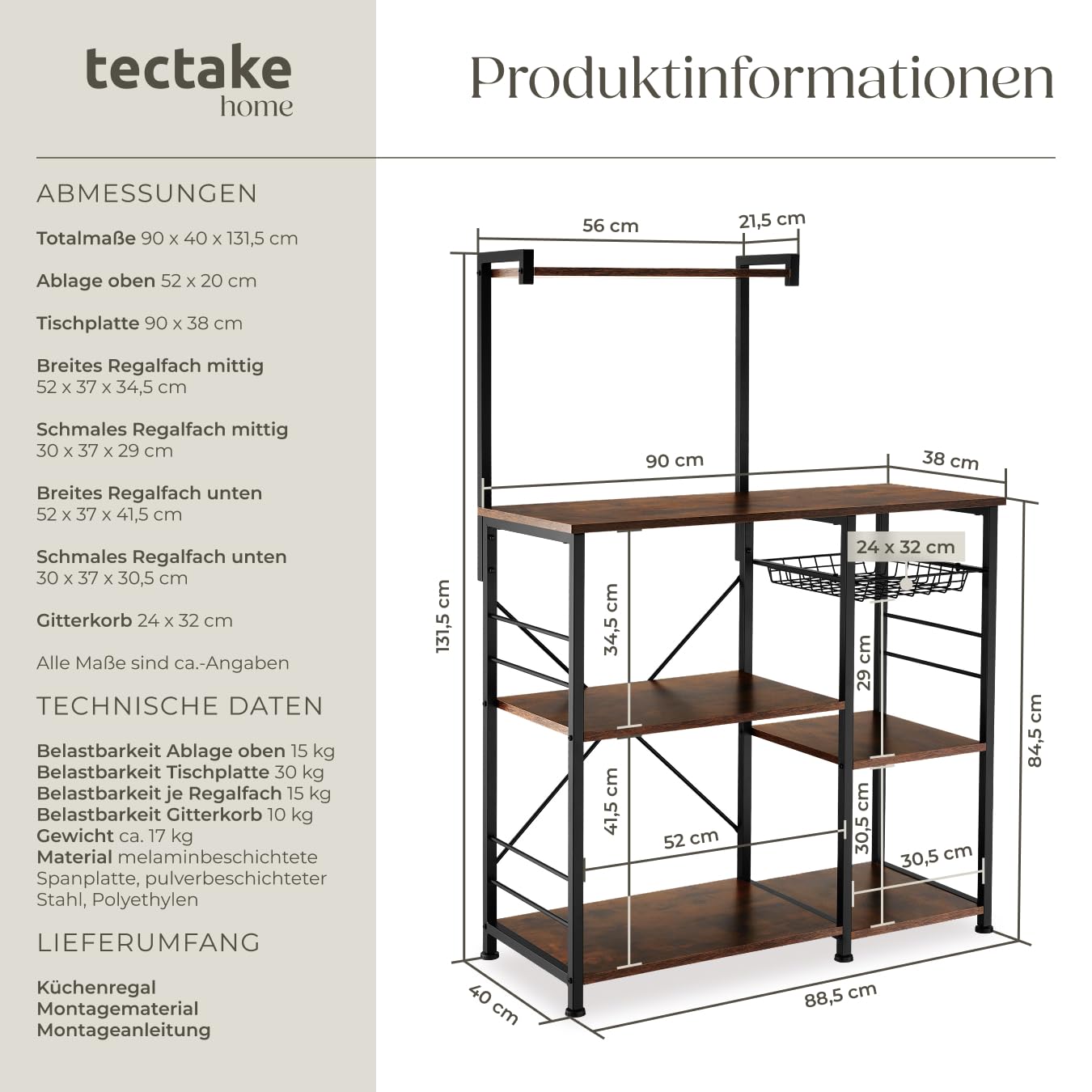 tectake® Küchenregal, Küchenschrank, Regal Metall Holz mit 6 Ablagen, 90x40x131,5cm, Küchenwagen, Kitchen Organizer für Mikrowelle & Geschirr, Kücheninsel - Industrial Dunkelbraun