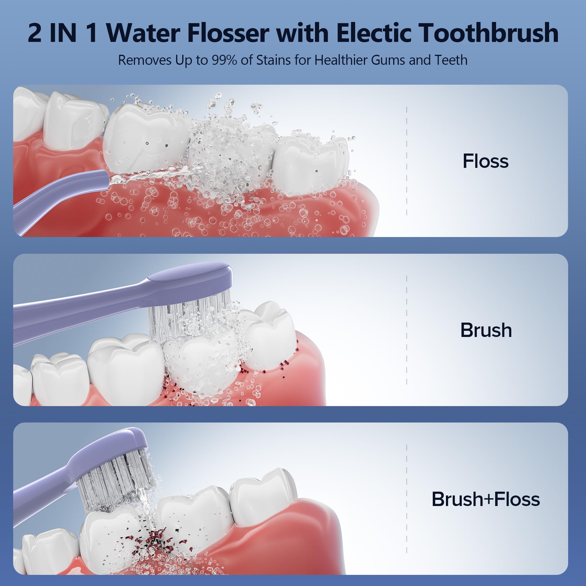 Cepillo de dientes eléctrico con hilo dental combinado para cepillado de dientes y hilo dental, cepillo de dientes eléctrico sónico para adultos, hilo dental inalámbrico para el hogar y viajes
