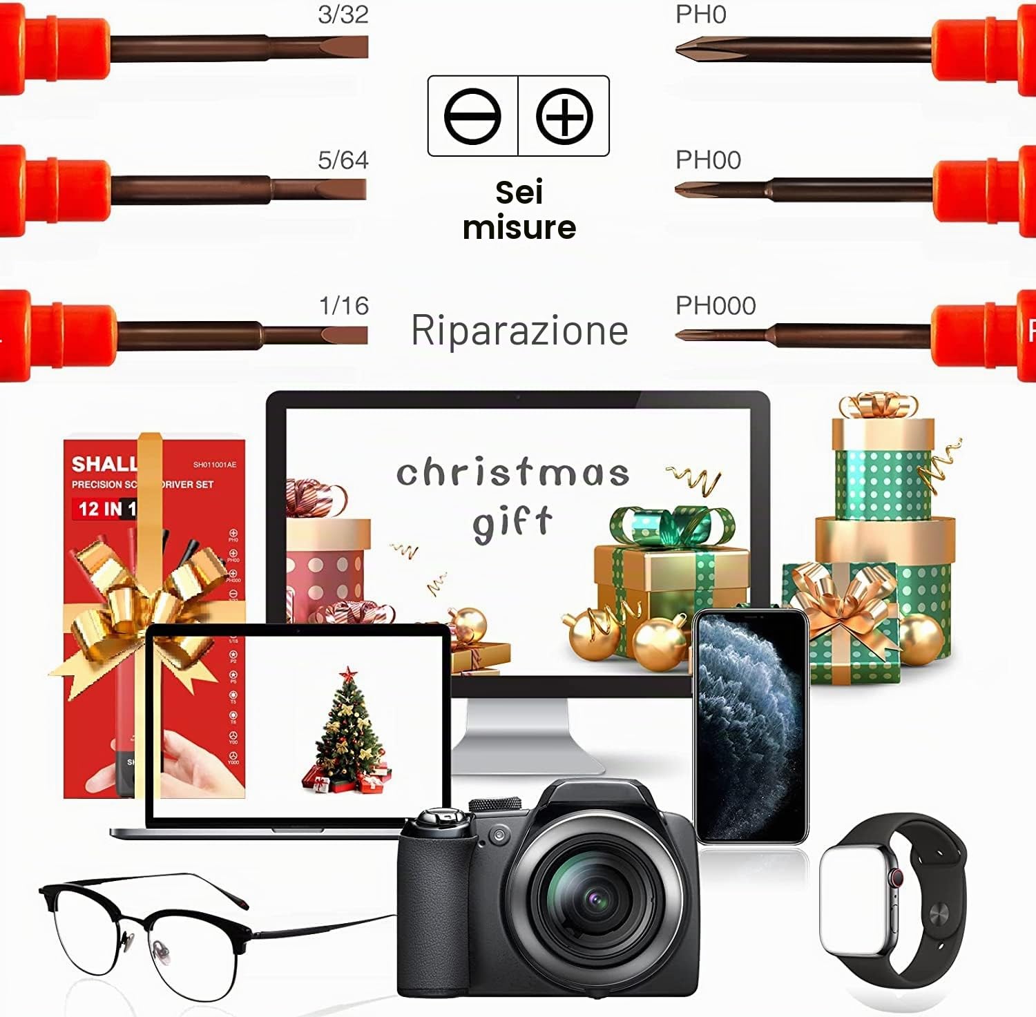 SHALL Set di 6 cacciaviti di precisione con custodia, 12 misure magnetiche, kit di strumenti di riparazione fai da te per computer portatile, occhiali, orologi, elettronica