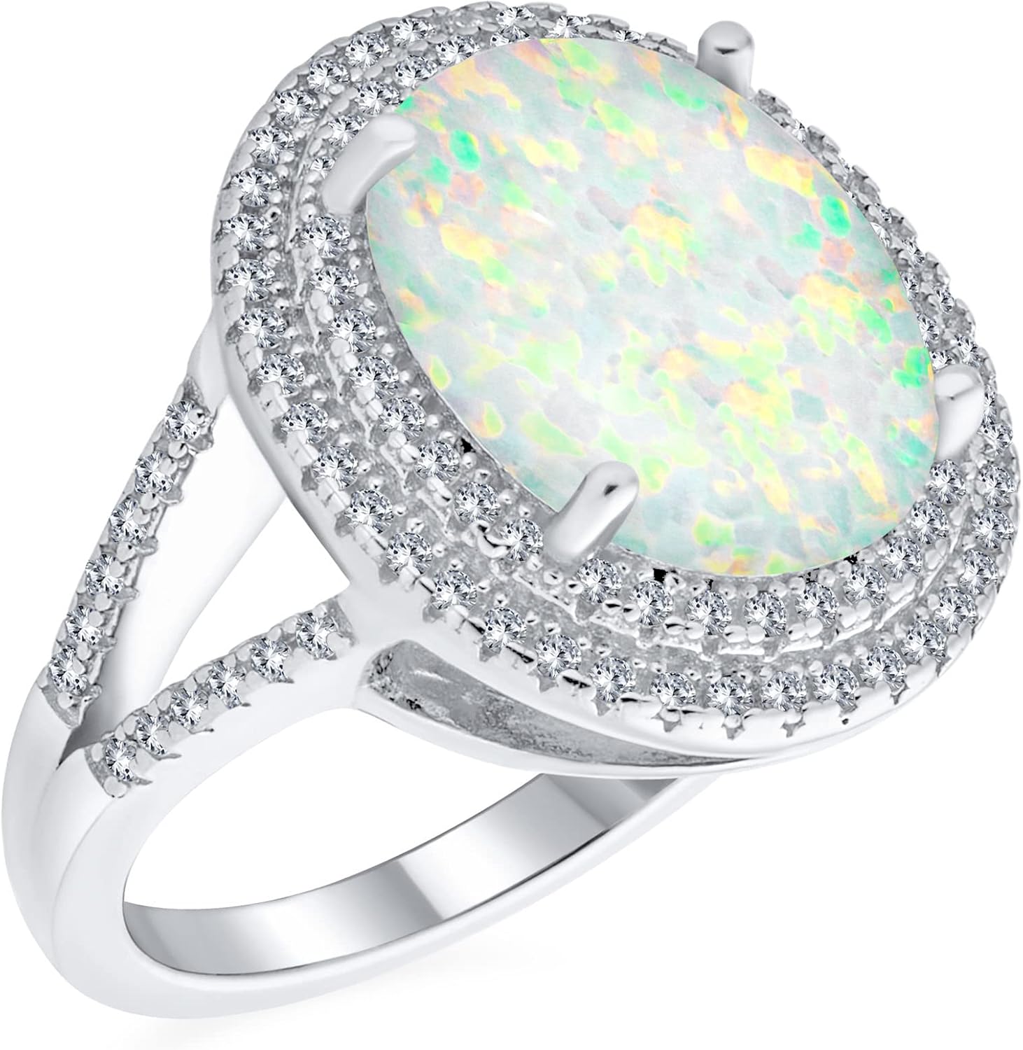 Personalized Big Halo Oval Pear Shape Teardrop Statement 10CT Created White Opal Engagement Ring Cathedral Setting Gemstone Ring For Women .925 Sterling Silver October Birthstone Customizable