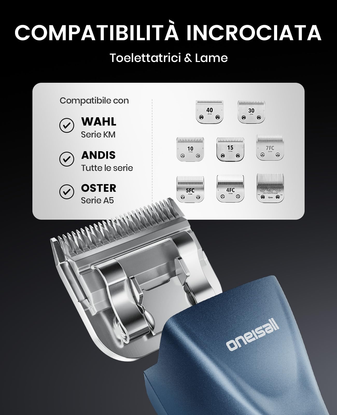 oneisall Tosatrice per Cani pelo lungo professionale, Tosatore Rasoio, 2 Livelli da Tosatrici Elettriche per cani/Gatti, Con batteria rimovibile e pettine in acciaio carbonizzato