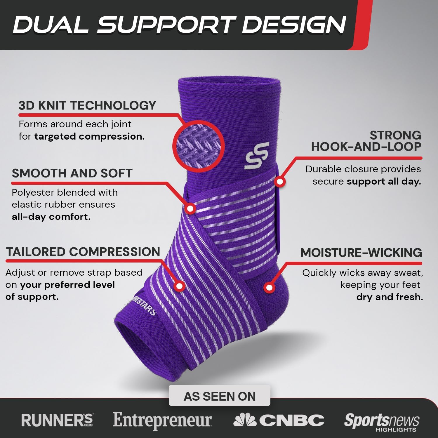 Sleeve Stars Ankle Brace for Women & Men, Ankle Wrap for Sprained Ankle, Compression Sleeve for Plantar Fasciitis Relief, Easy Customizable Support: w/Removable Strap (Single/L:12"-13"/Dark Purple) - Image 2