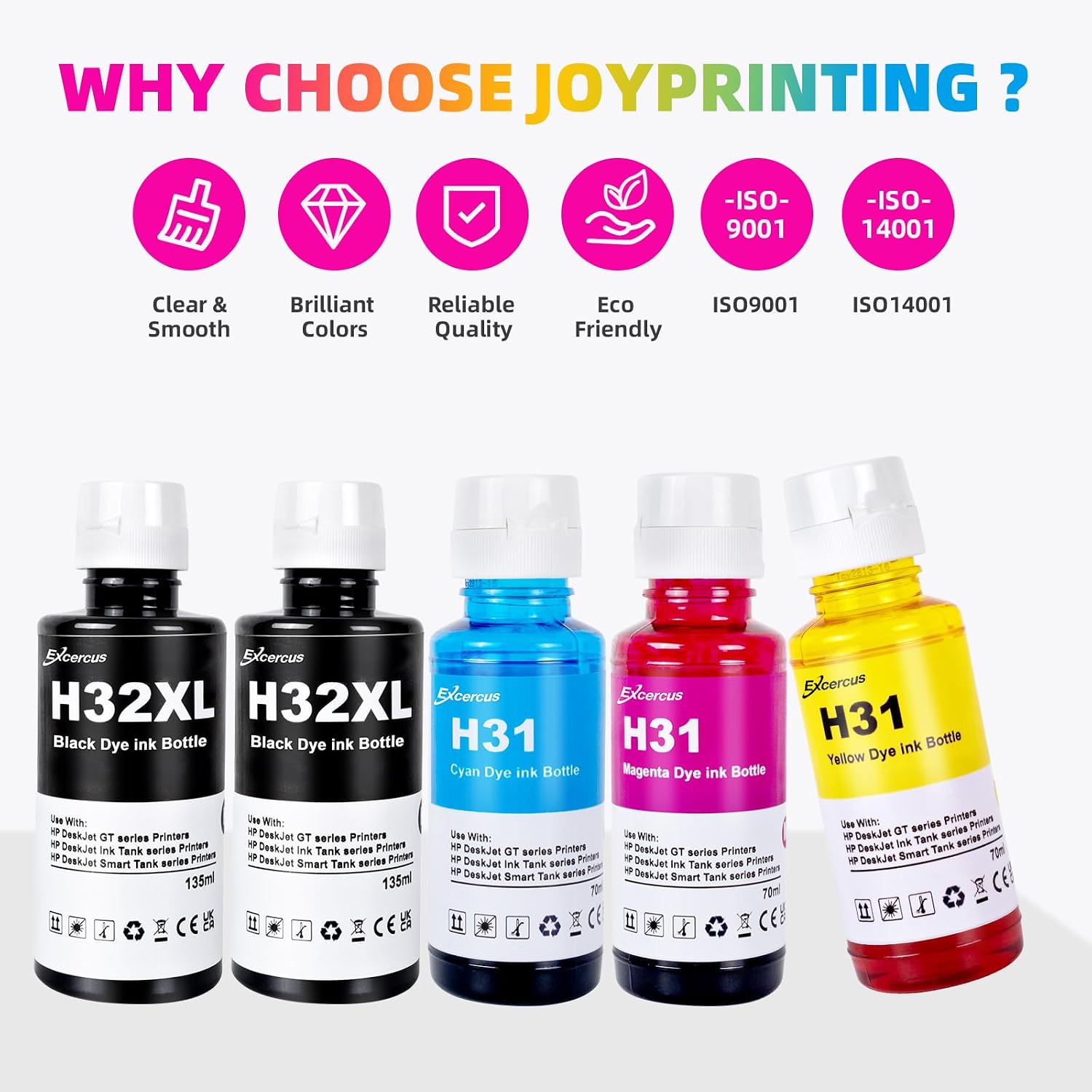 Ink Bottle 31 32XL 32 XL Compatible with HP Smart Tank 5000 5101 7301 6001 7602 5101 7001 551 555 651 455 457 450 Printers (2 135ML 32XL Black Ink, 70ML 31 Color Ink)