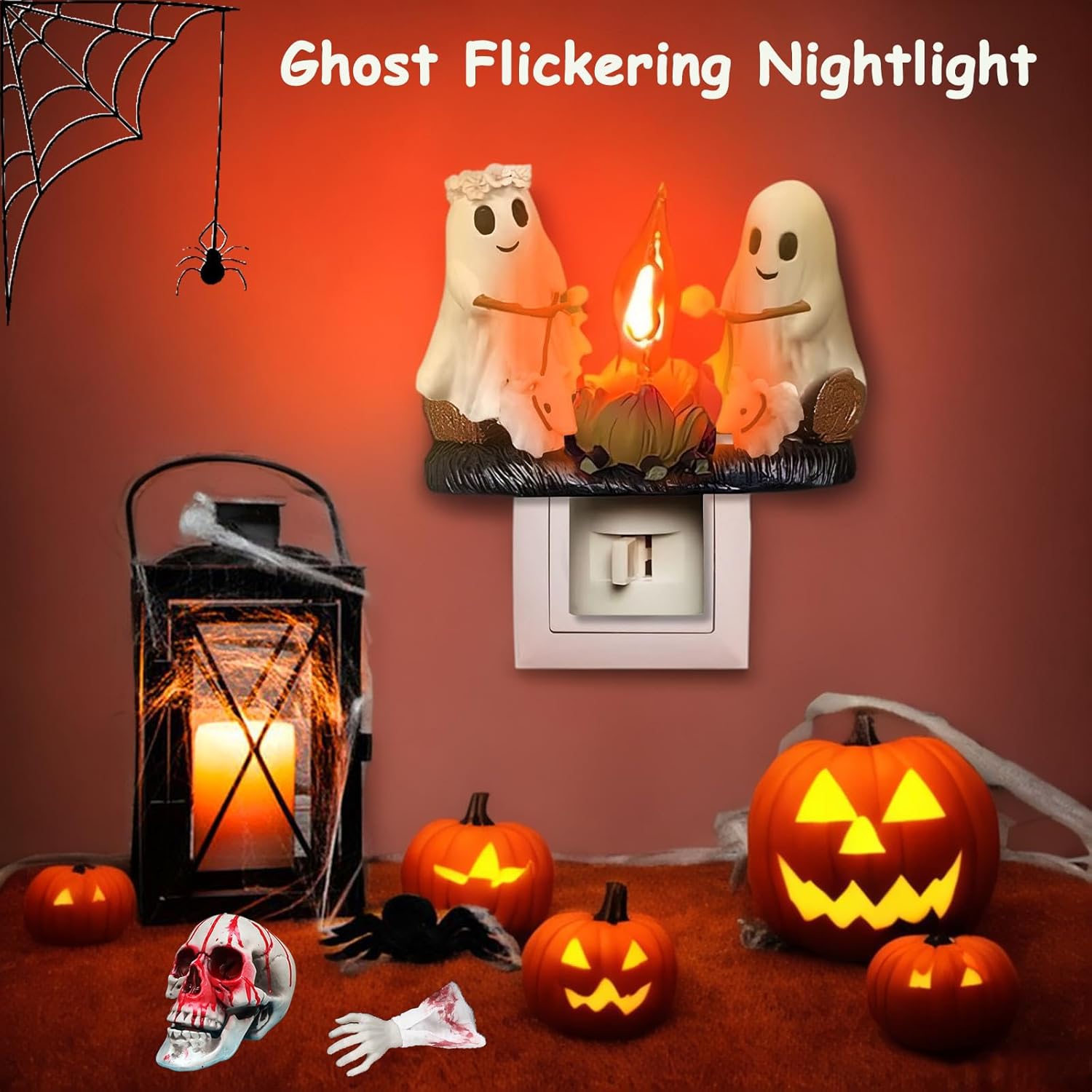 Halloween Ghost Campfire Nightlight, Ghost Campfire Flickering Night Lights, Plug in Ghost Statue Flicker Flame Wall Sconces, Halloween Decorations Lamp for Family, Party, Room