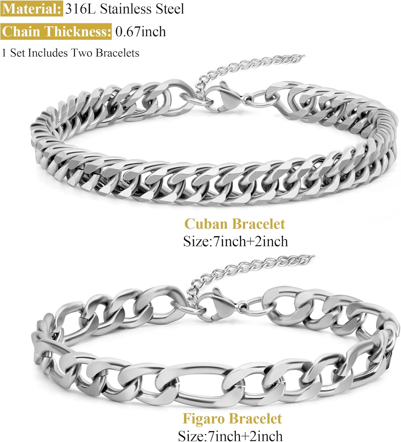 2PCS Cuban Link Figaro Bracelet for Men, Silver Gold Black Sturdy 316L Stainless Steel Cuban Link Chain with 2-inch Extension Chain Jewelry Set with Gift Message Card 8mm - Image 2