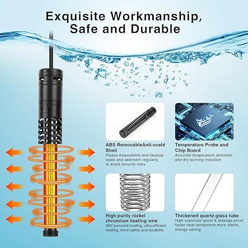 Miniatura 3 de AQQA Calentador de acuario, calentador de tanque de peces de 300 W, 500 W, 800 W, 1000 W, 1200 W, calentador de tanque de peces sumergible de 59  a