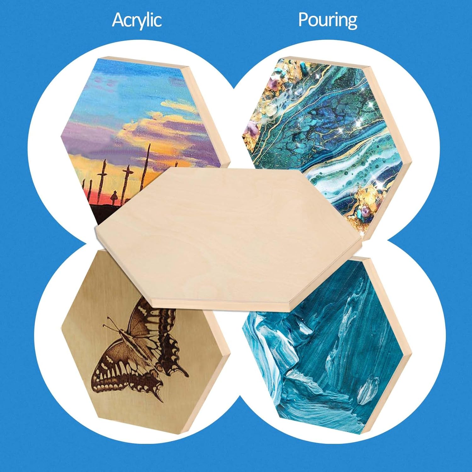 Falling in Art Wooden Hexagon Shaped Panel Boards Kit, 3/4" Deep Wood Canvas Panels for Painting, Wood Art Boards for Pouring, Art and Crafts, 2 Pack(4''&6''&7.5'')