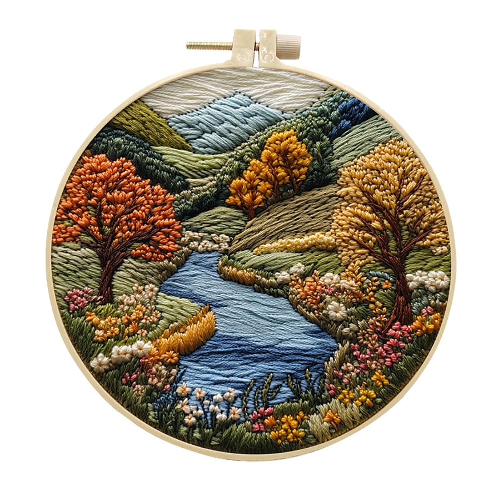 Eforcase Embroidery Starter Kit for Adult Beginner with Landscape Tree Mountain River Floral Nature Scenery Pattern Cross Stitch Hand Embroidery Set DIY Cross Stitch Kits with Hoops Needles Threads