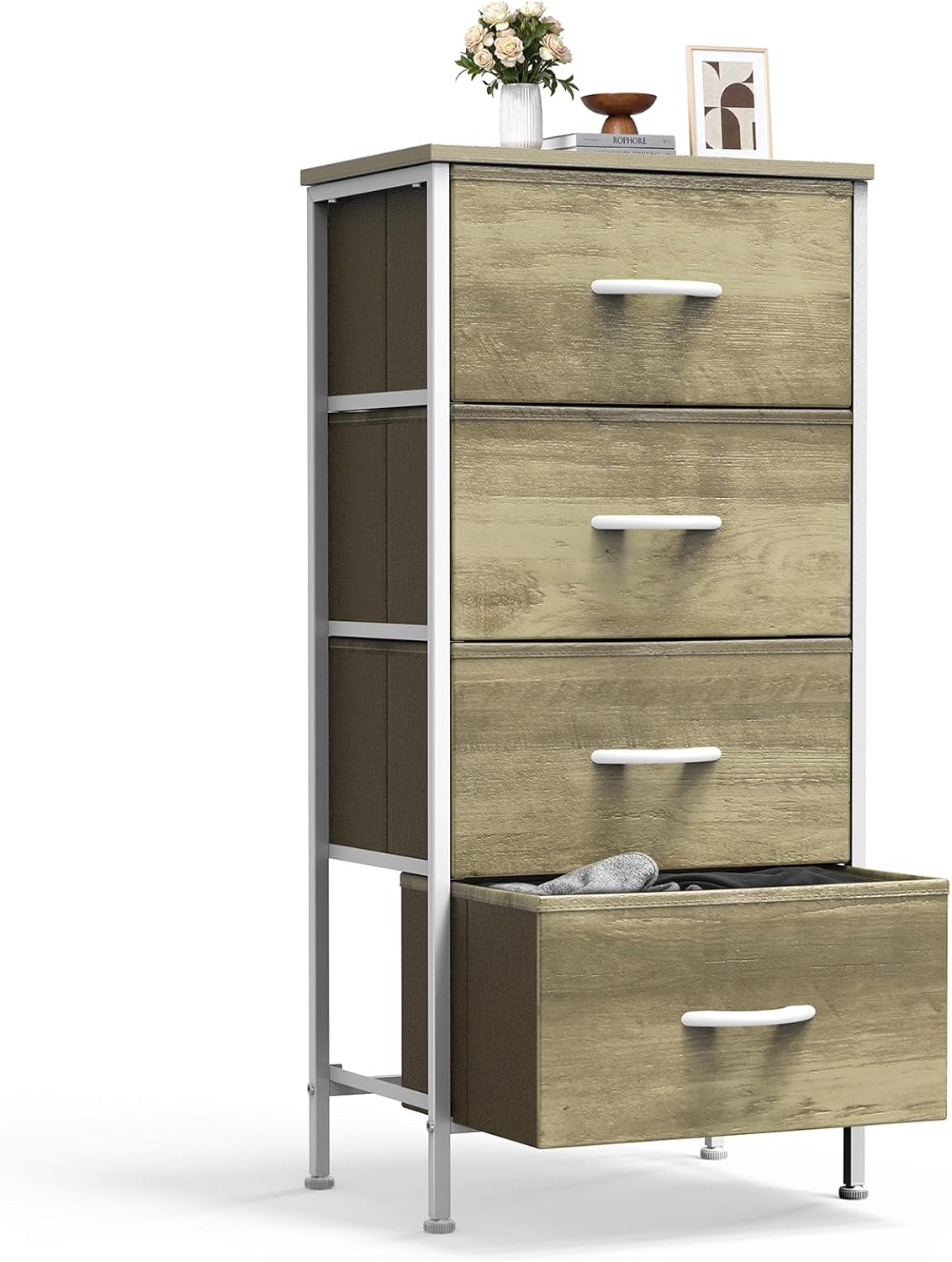 Sweetcrispy Nightstand Small Bedroom Dresser with 4 Fabric Drawers,Bed Side Furniture End Table,Wooden Top Cabinet Night Stand Dresser for Closet,Entryway,Dorm,Oak Greige