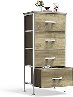 Sweetcrispy Nightstand with 4 Fabric Drawers - Oak Greige Bedside Dresser, Small Bedroom End Table for Dorm, Closet, Entryway