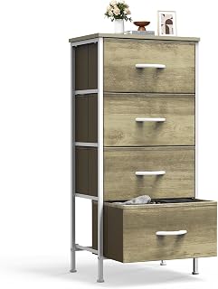 Sweetcrispy Nightstand with 4 Fabric Drawers - Oak Greige Bedside Dresser, Small Bedroom End Table for Dorm, Closet, Entryway