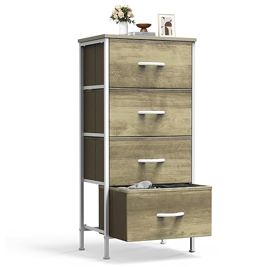 Sweetcrispy Nightstand Small Bedroom Dresser with 4 Fabric Drawers,Bed Side Furniture End Table,Wooden Top Cabinet Night Stand Dresser for Closet,Entryway,Dorm,Oak Greige