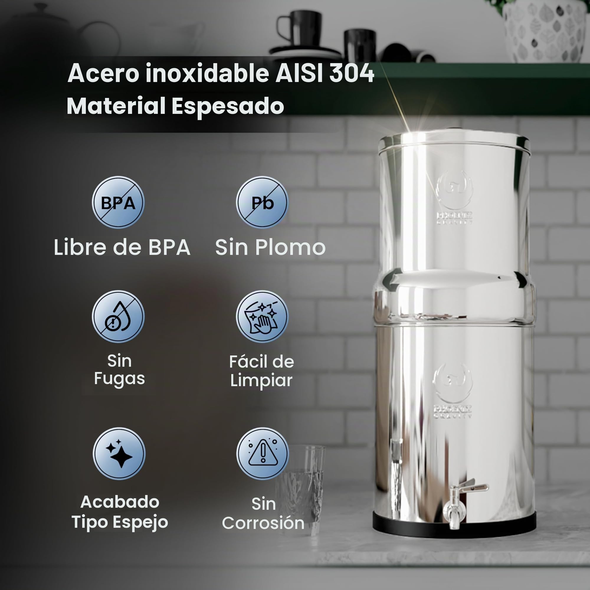 Phoenix Gravity - Sistema de filtro de agua para encimera de acero inoxidable AISI 304 de 12 litros con certificación NSF, 2 cartuchos de carbón (negros) y grifo de acero inoxidable incluido.