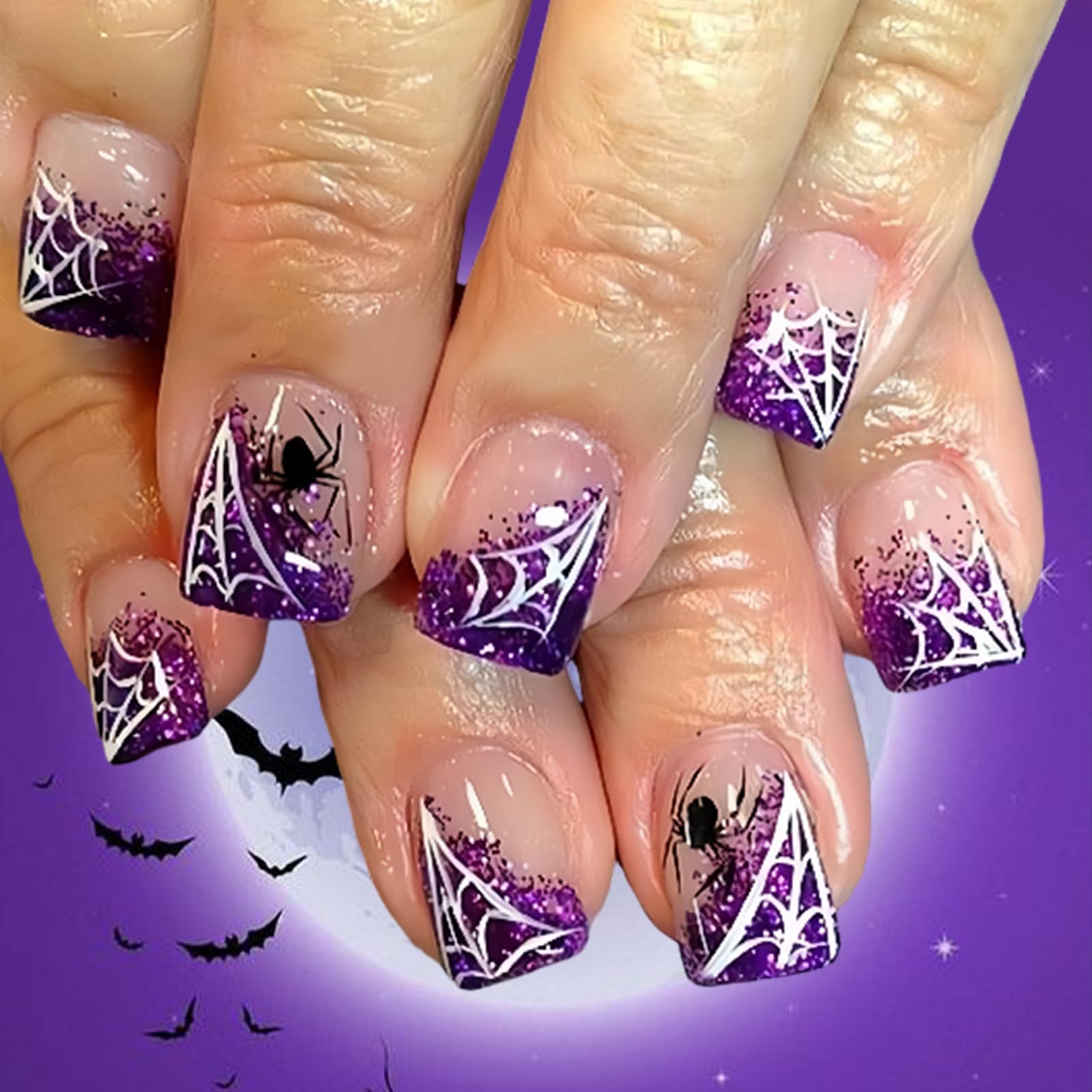 Halloween Press-On Short Square False Nails Glitter Purple Spider Web French Tip Acrylic Glue Nails Full Cover Sparkling False Nail Stickers Women