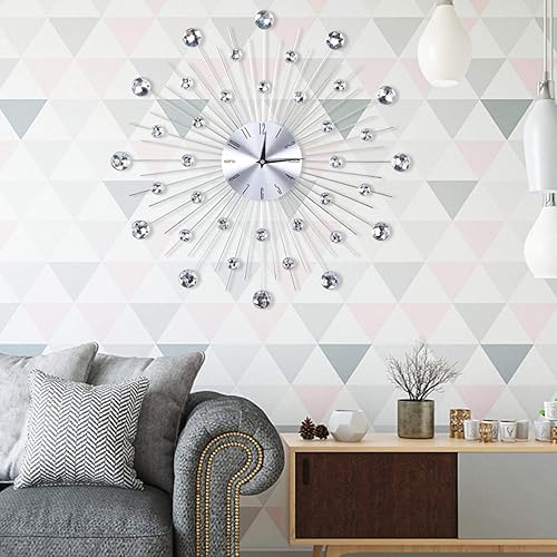 Miniatura 4 de Reloj de pared de metal plateado, reloj de pared moderno con diamantes de cristal, esfera artística, reloj de pared silencioso de cristal 3D para