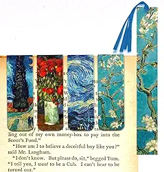 Kit 5 Marcadores de Página - 4 Magnéticos e 1 Marcador Slim Com fitinha - Obras de Vincent van Gogh (A Noite Estrelada, Amendoeira em Flor, Estrada com Cipreste e Estrela e Vaso com papoulas vermelhas)