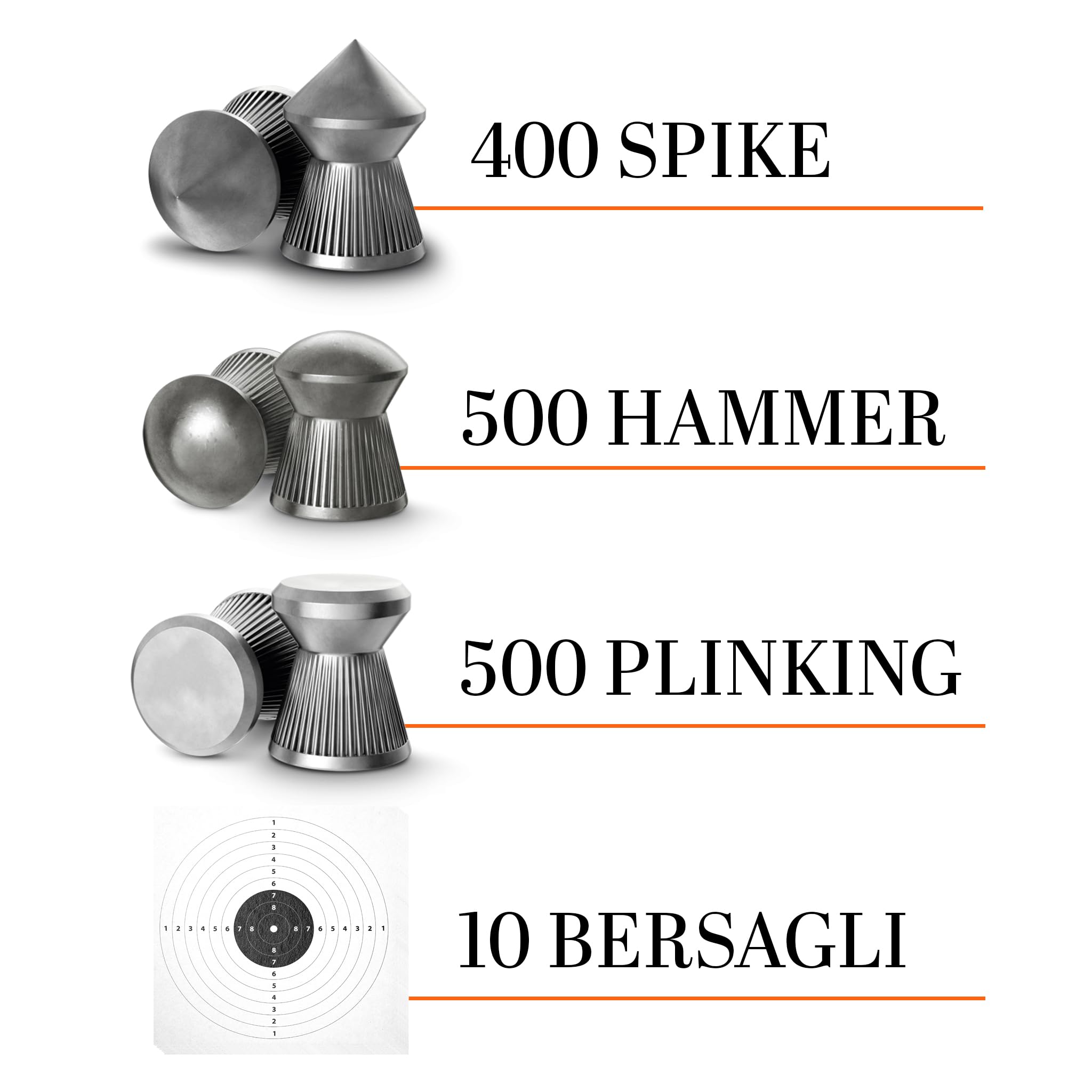 Kit Piombini Softair Cal. 4.5 - Set 3 Scatole HN Hammer, Spike, Plinking + 10 Bersagli 14x14 cm - Pallini Piombo per Carabina e Pistola Aria Compressa, Ideale per Tiro a Segno Sportivo