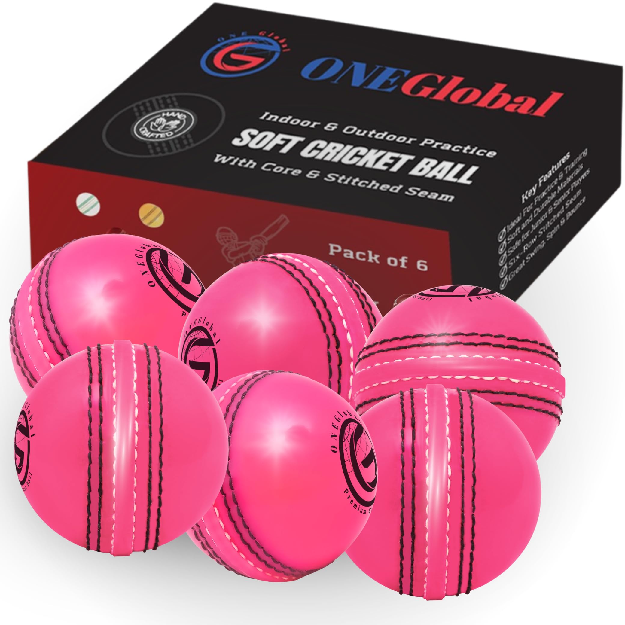 ONEGlobal Incrediball Junior Soft Practice Cricket Ball | Outdoor & Indoor Rubber Cricket Ball With Core & Stitched Seam | For Practice, Training & Family Fun | Senior & Junior Size (6 Pink, Junior)