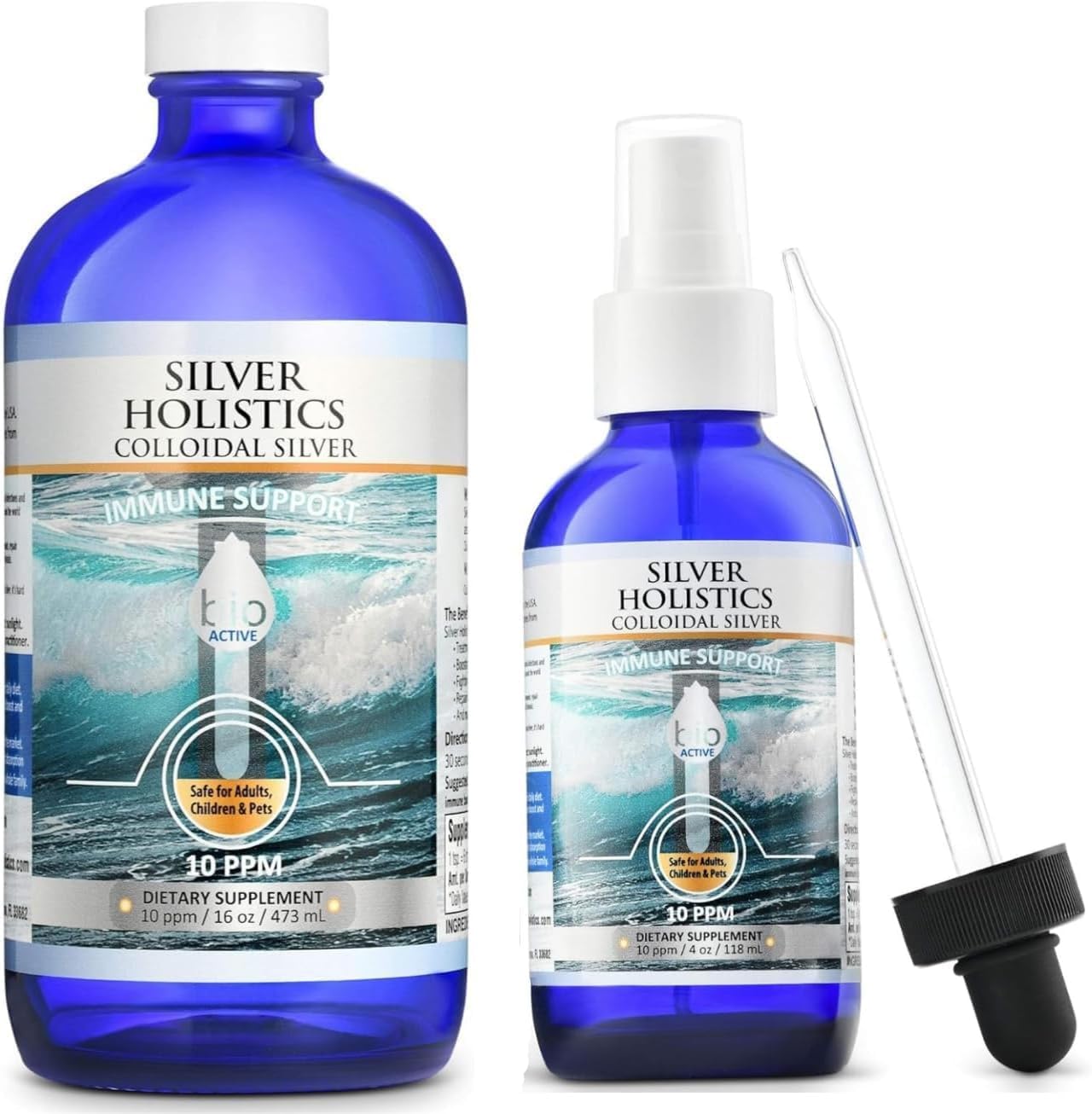 Silver Holistics Colloidal Silver Liquid Bundle – Includes 4 oz Glass Spray Bottle & 16 oz Glass Refill Solution w/Free Dropper - 10 ppm Immune Support Supplement for Children, Adults, & Pets