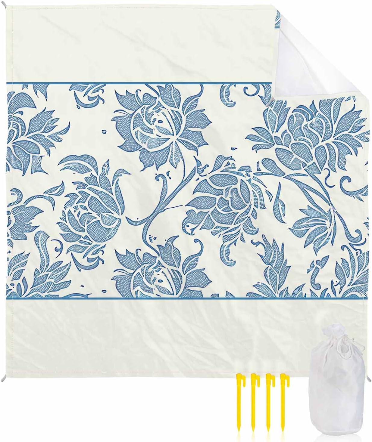 Abstract Ethnic Tribal Flower Texture Beach Blanket Waterproof Sandproof Outdoor Picnic Mat 108"x84" Vintage Blue Floral on White Lightweight Large Beach Blankets with 4 Stake & 4 Corner Pockets