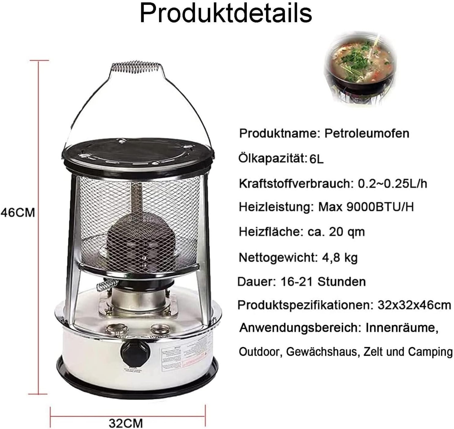Handy Kerosene Heater Stove Burner, Stainless Steel Portable Camping Oil Heater, 6L Fuel Tank, Smokeless, Adjustable Flame