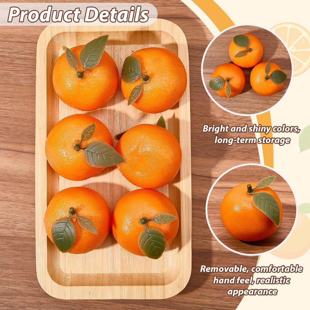 CREATCABIN 6Pcs Artificial Oranges Plastic Fruit Decor Faux Realistic Lifelike Decorative Fruits Orange with Leaf for Christmas Home Kitchen Festival Party Display Photo Props 2.3 x 2.1 Inch