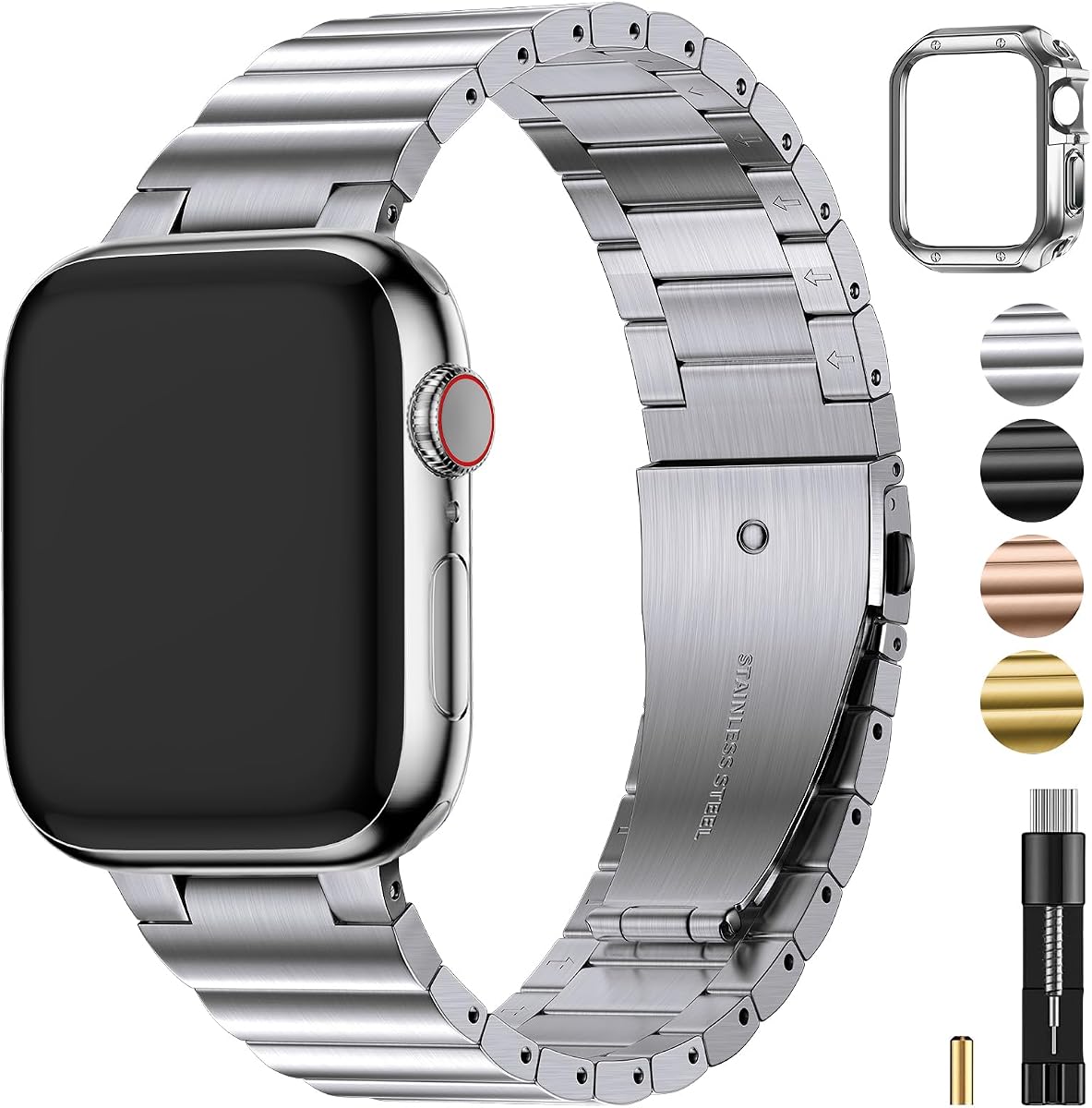 Fullmosa Band for Apple Watch 41/40/38mm | Stainless Steel Band with TPU Case for iWatch Series 9 8 7 6 5 4 3 2 1 SE3/2/1 for Men Women Business Casual Silver