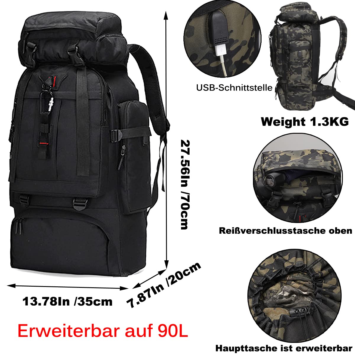 A-QMZL Sac à dos de randonnée 80L, Sacs de randonnée pour l'alpinisme, Sac de voyage imperméable pour la randonnée, le camping et le tourisme pour homme et femme, Noir , L
