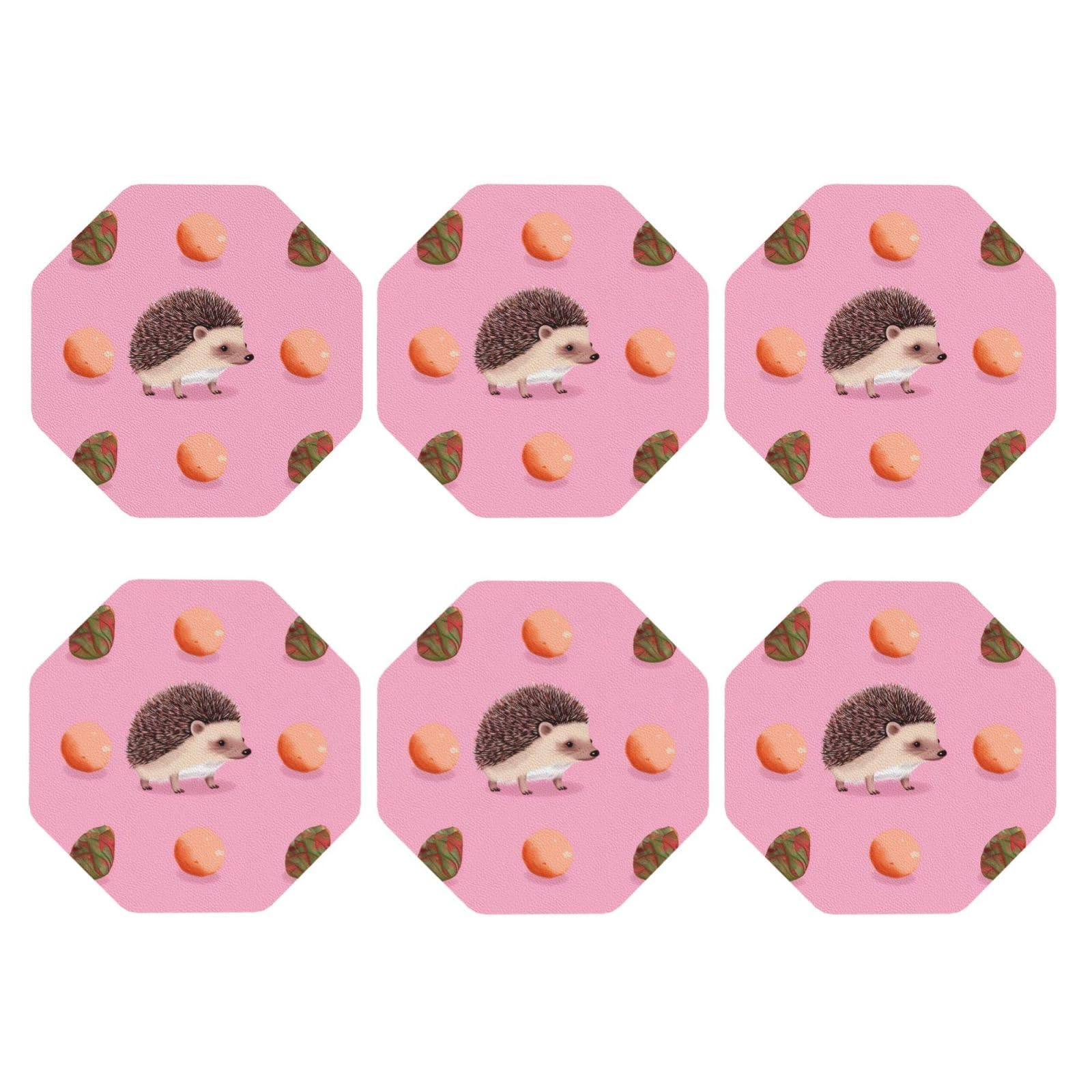 6pcs Leather Coasters for Drinks, Little Hedgehog Drink Coasters for Tabletop Protection, 4" Cup Coasters for Coffee Table Decor, Non-Slip Drinking Cup Mat for Hot Or Cold Drink