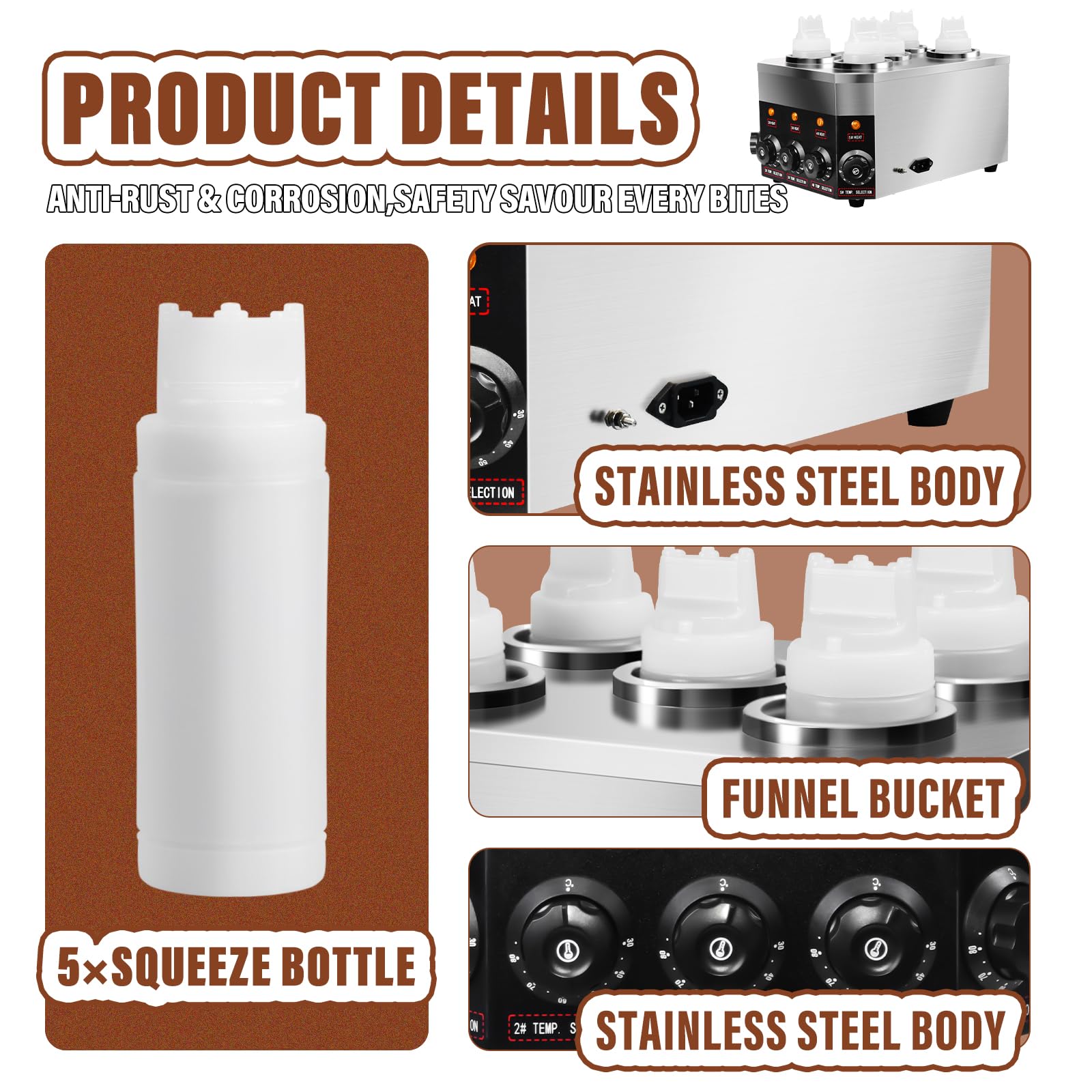Dispensador eléctrico comercial para calentar salsas, 0.68 x 5 cuartos de galón, chocolate caliente, queso nacho, calentador de 30.0-85.0 °C, con botellas ajustables