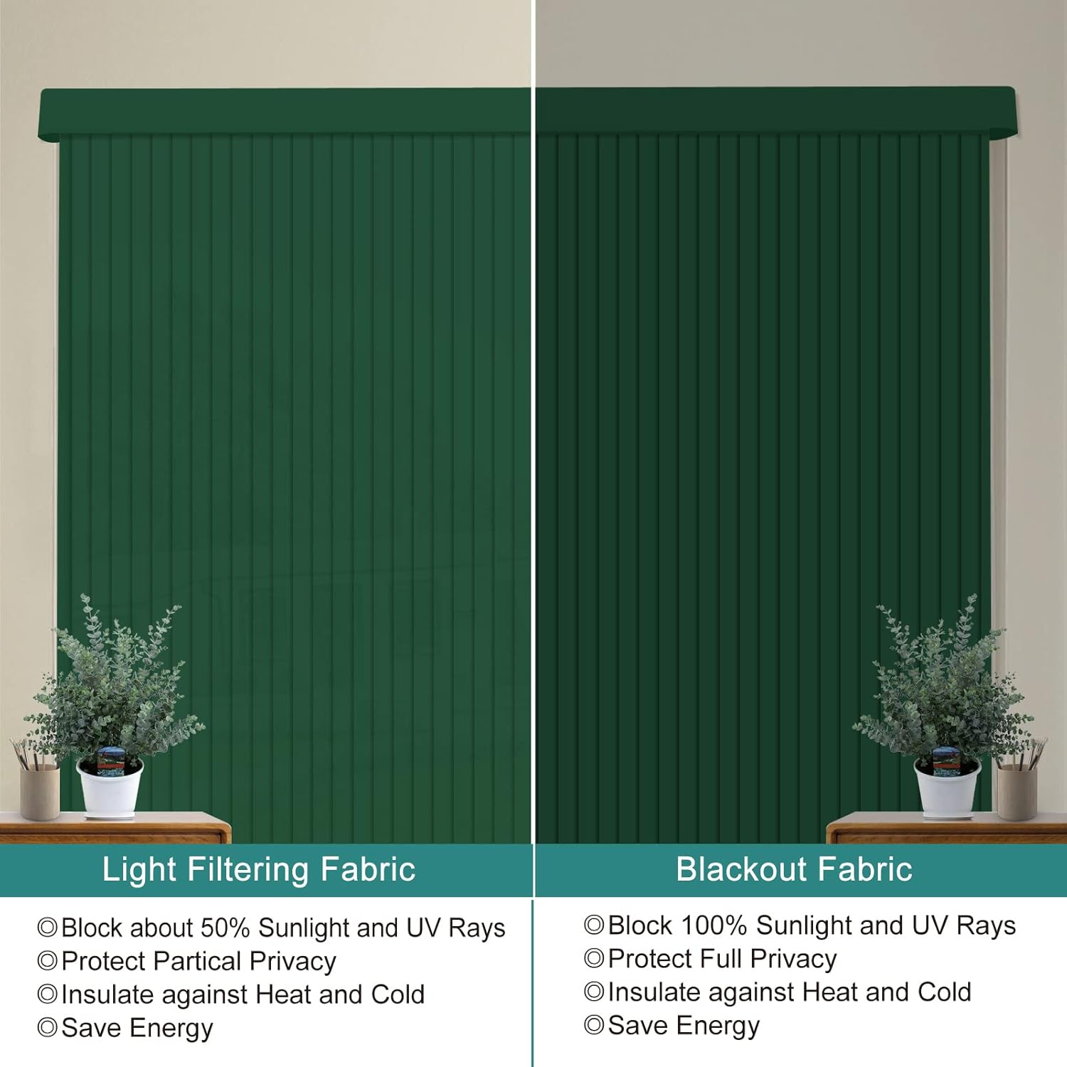 Cordless Blackout Vertical Blinds, Dark Green Custom 3.5 Inches Slat Fabric Window Blinds, Vertical Shades UV Protection Super Large Size to 104" W for Large Windows, Sliding Doors and Patio Doors