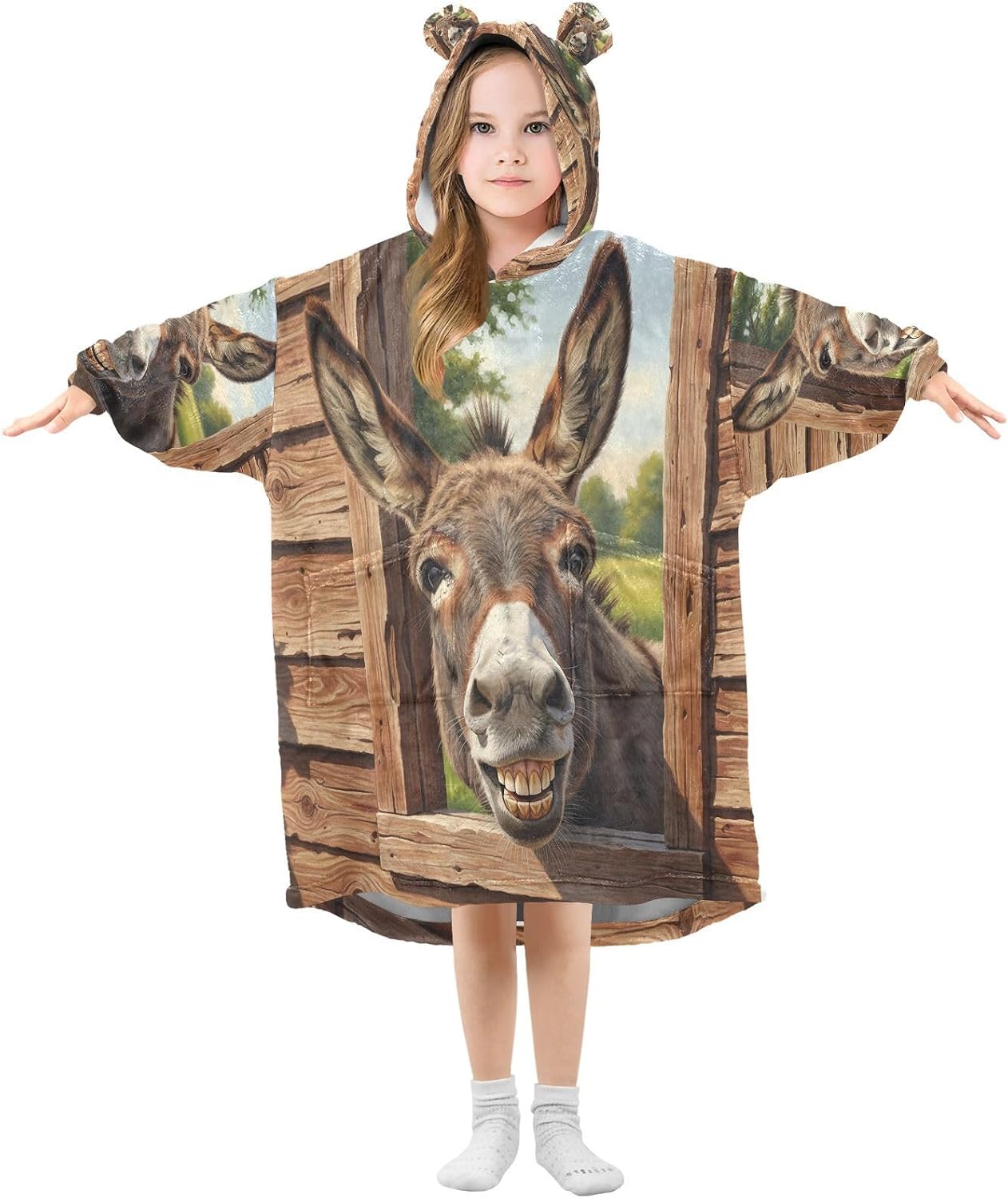Kigai Cute Donkey Wearable Blanket Hoodie for Kids Oversized Hooded Blanket Warm & Cozy Sweatshirt with Pockets