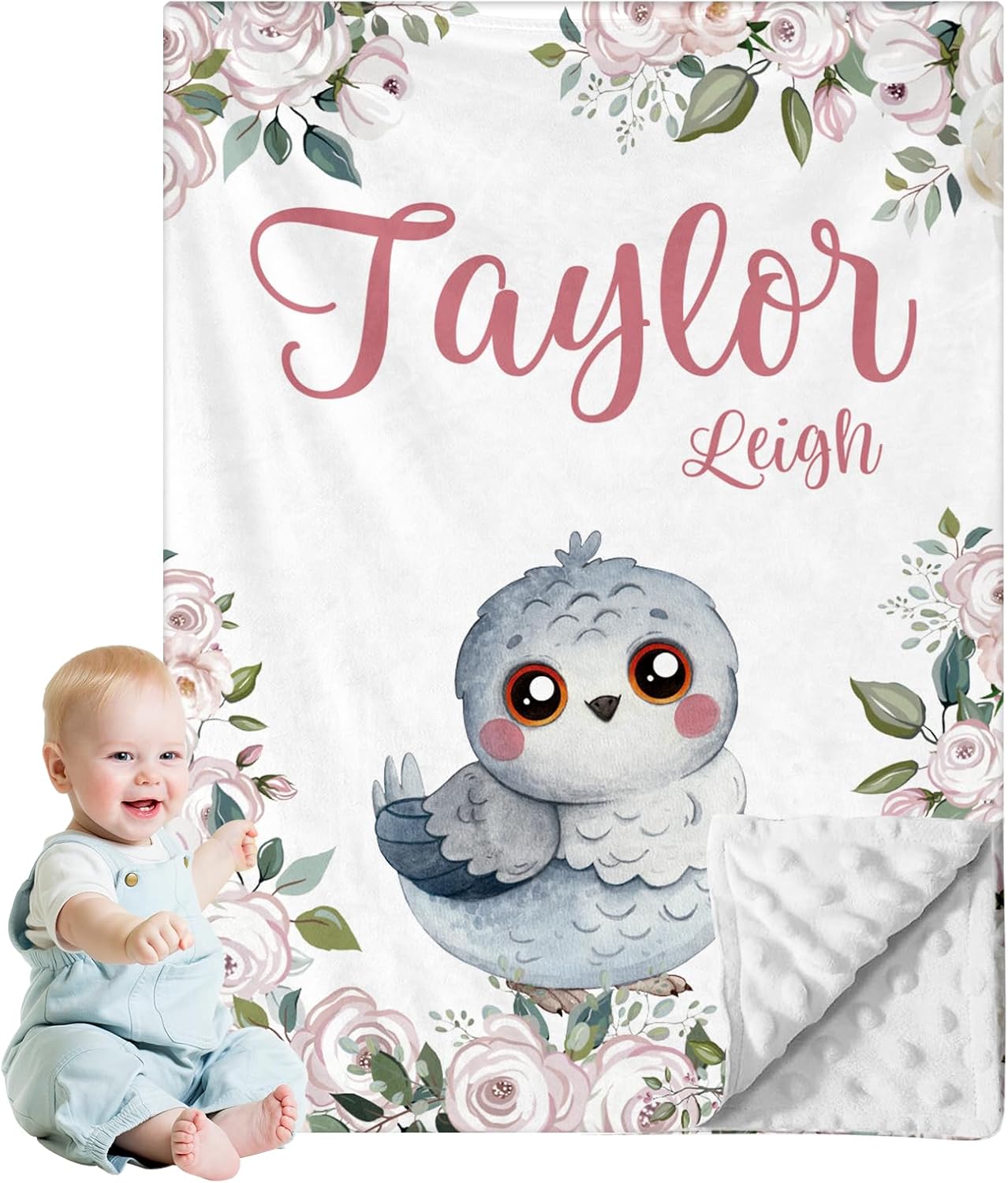 Personalized Baby Blanket for Boys, Custom Name with Bird Designs, Soft Flannel with Double Layer Dotted Backing, Receiving Swaddle Blanket Suitable for Infants and Toddlers(47”x60)