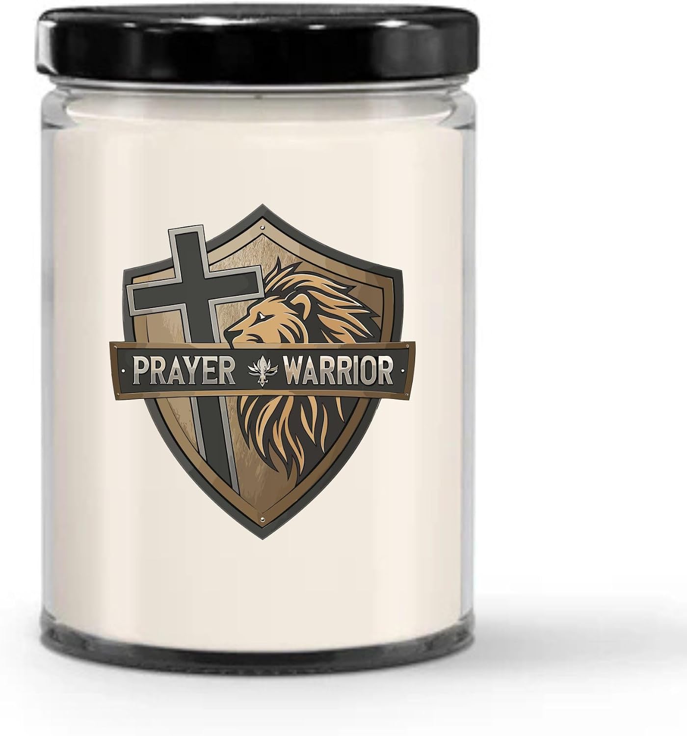 Vanilla Scented Prayer Warrior Hand-Poured Soy Wax Candle, 16oz Lion Shield and Cross Design for Spiritual Strength, Religious Devotional Decor, Thoughtful Christian Gift for Men