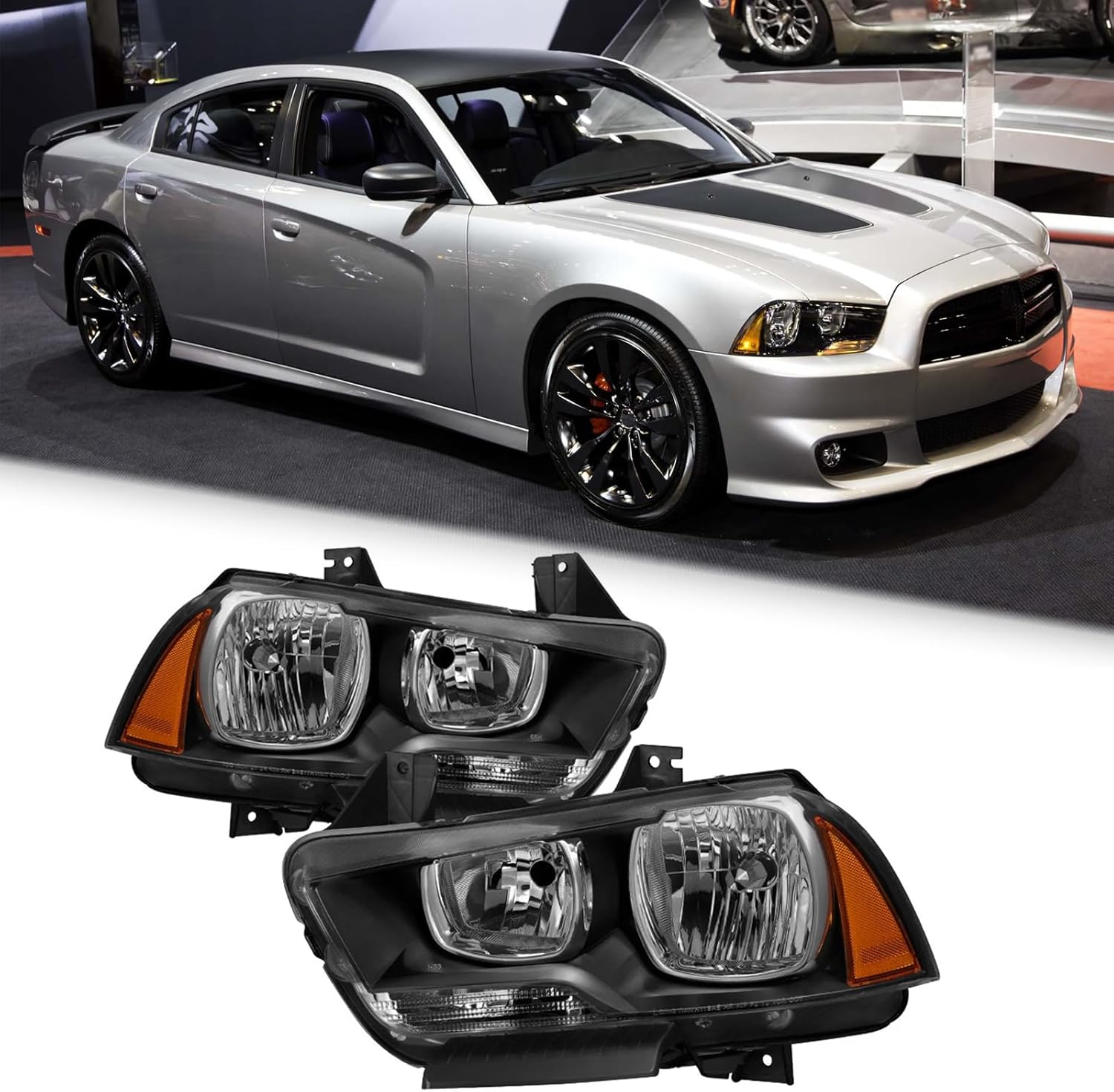 Chrome Housing Amber Corner Turn Signal Headlights fit for 2011 2012 2013 2014 Dodge Charger R/T SE SRT8 SXT Plus Persuit Sedan (BLACK+AMBER SIDE)