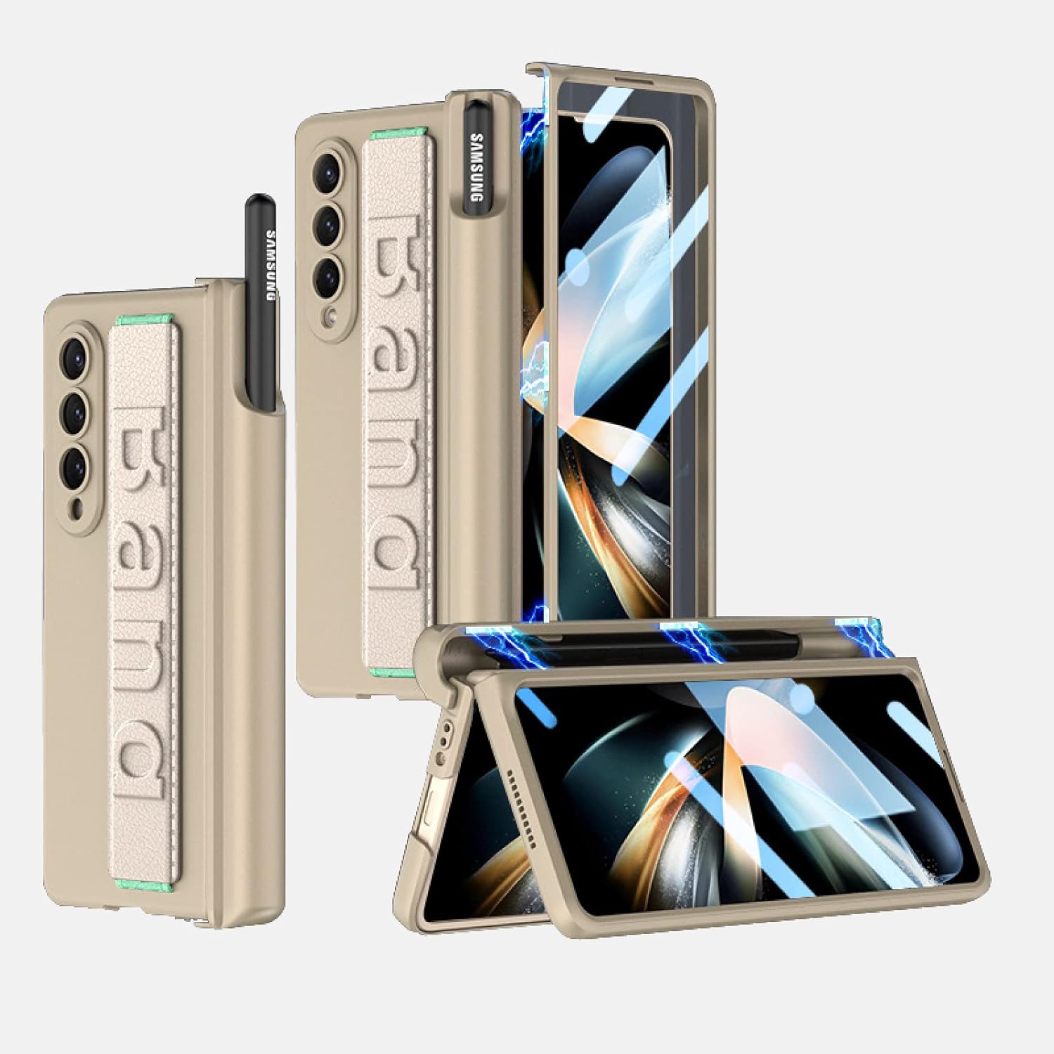 Magnetic Hinge Pen-Box Phone Case for Samsung Galaxy Z Fold 4, Folding Shell with Wristband for Z Fold4, Protective Cover with Tempered Glass Film