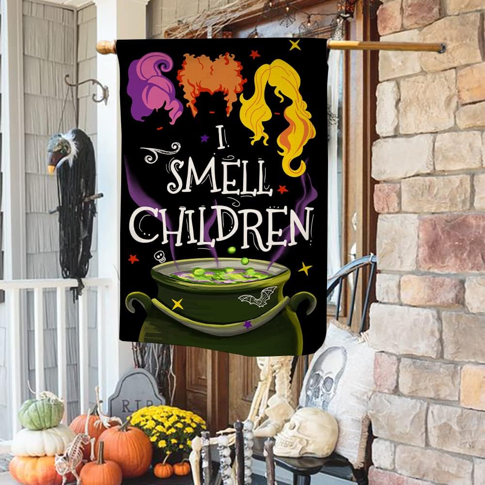 Halloween Decorations House Flag 28 x 40 Inch Vertical Double Sided I Smell Children Sisters Fall Outside Hocus Pocus Decor Burlap Yard Flag BW204