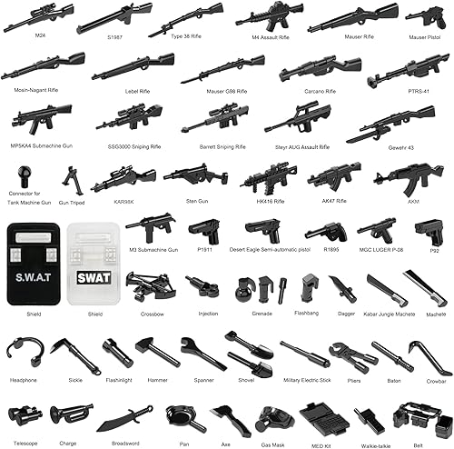 Vista 18 de Paquete de armas militares, kit de engranajes del ejército de la Segunda Guerra Mundial, juego de accesorios de ladrillos, piezas de bloques