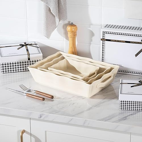 Miniatura 7 de Sweejar Fuentes para Horno, Juego de Utensilios de Cerámica para Hornear de 3 Piezas, Fuente Rectangular para Hornear con Asas, Molde para Lasaña de