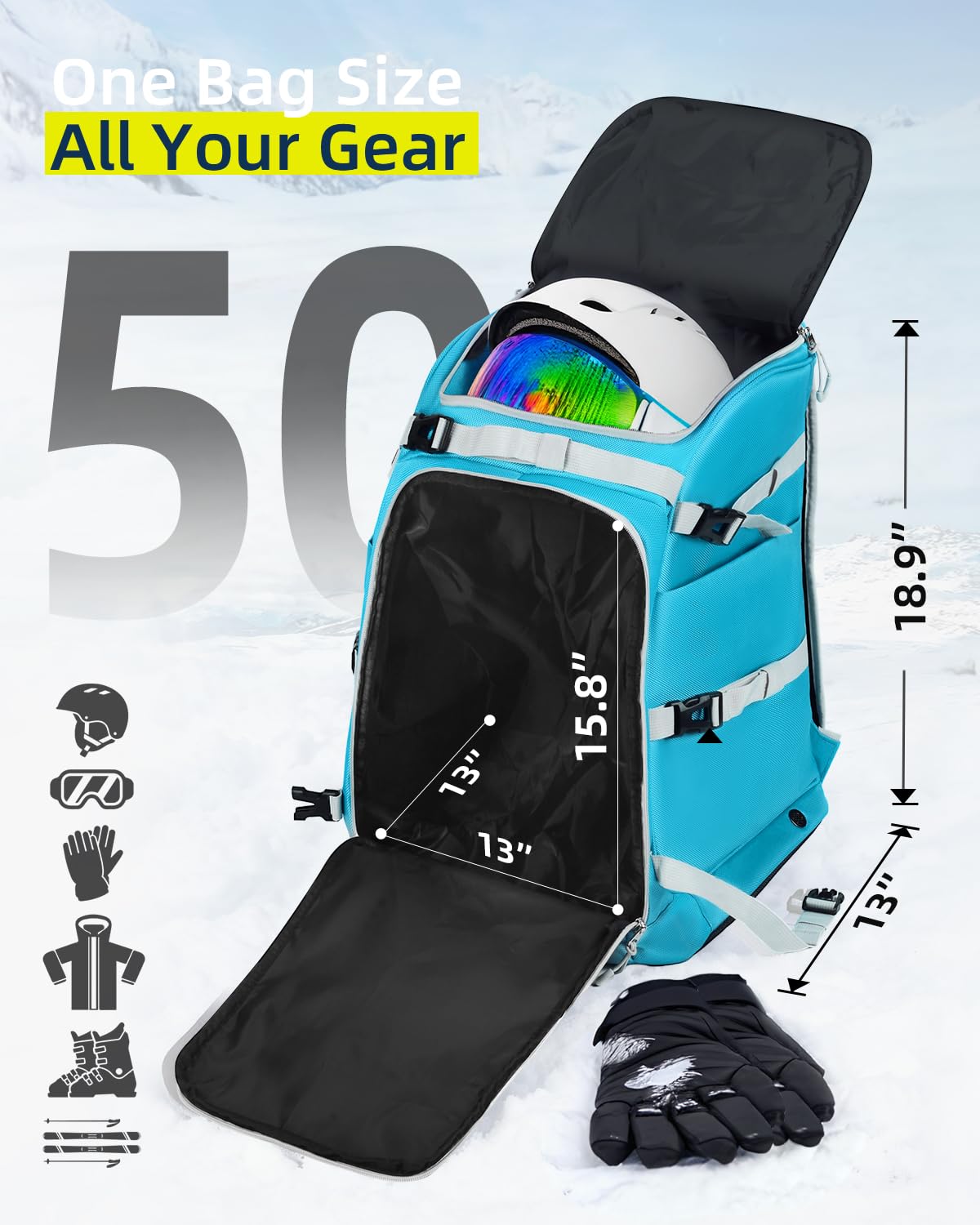 Abahub Torba na buty narciarskie, 50 l, 1680D, nylonowy, wodoodporny, wyściełany plecak na narty, snowboard, kask narciarski i akcesoria, jasnoniebieski
