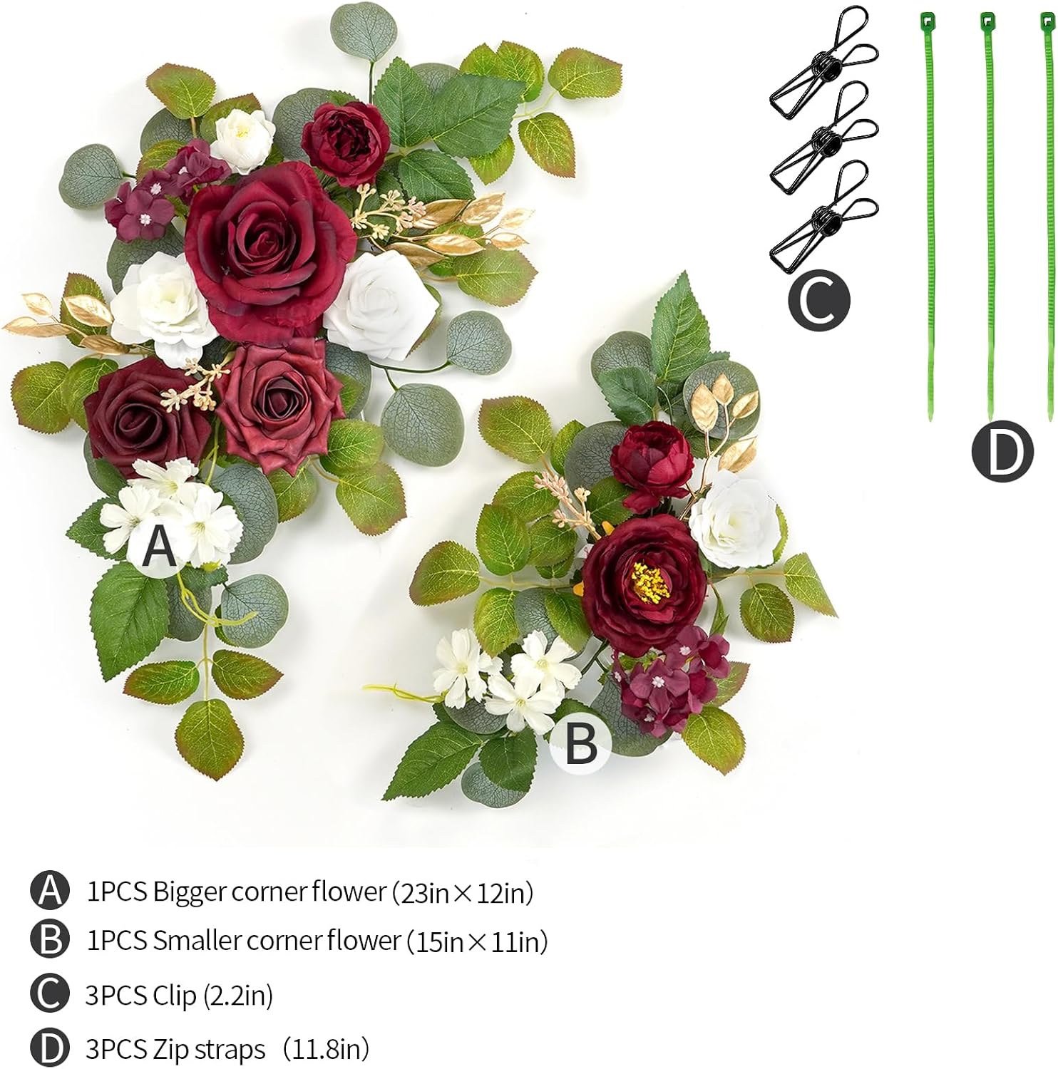 WEIERYUE(Pack of 2 Artificial Flowers Decorations,Artificial Arch Backdrop Garlandfor Ceremony Party Reception Entrance Welcome Easel Door Floral Decor Wall Home Entryway Outdoor(Wine red)