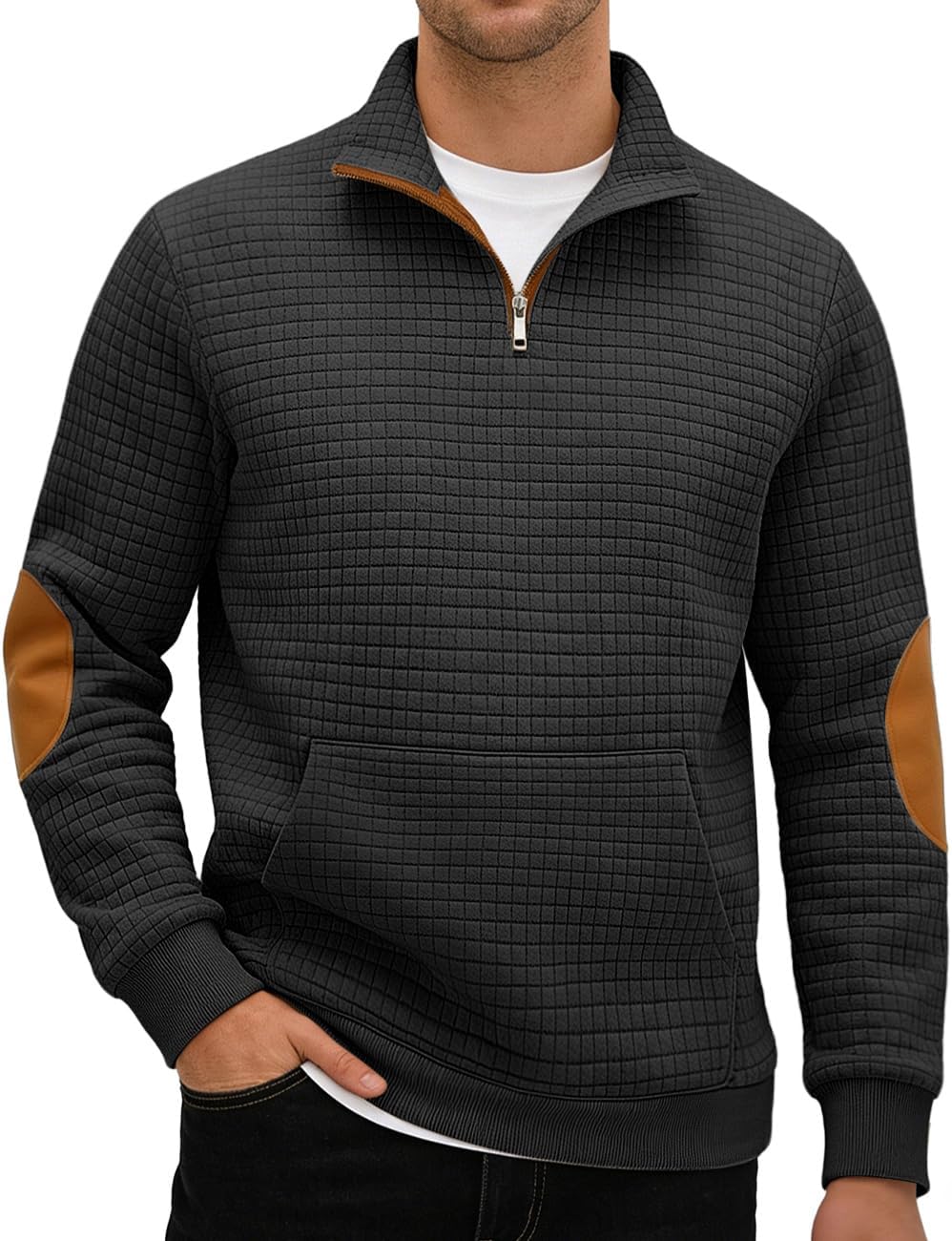 Mens Sweatshirt Casual Stand Collar Quarter Zip Pullover Fall Waffle Sweaters Long Sleeve with Pockets