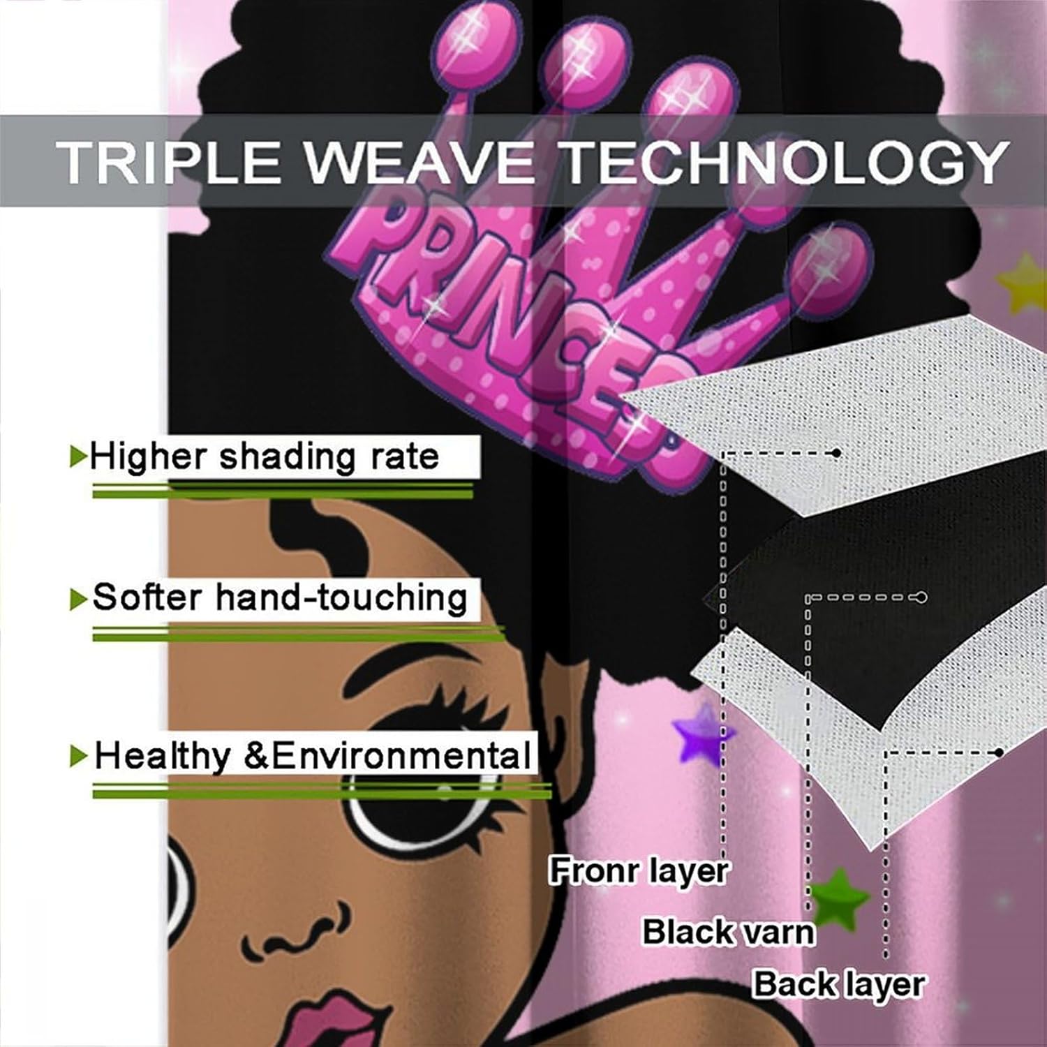 African American Kids Curtains,Afro Black Girl Window Treatments for Kids Girls Bedroom,Cute Girl Big Hair Pink Curtains 2 Panel Sets,52x84 Inch Decor