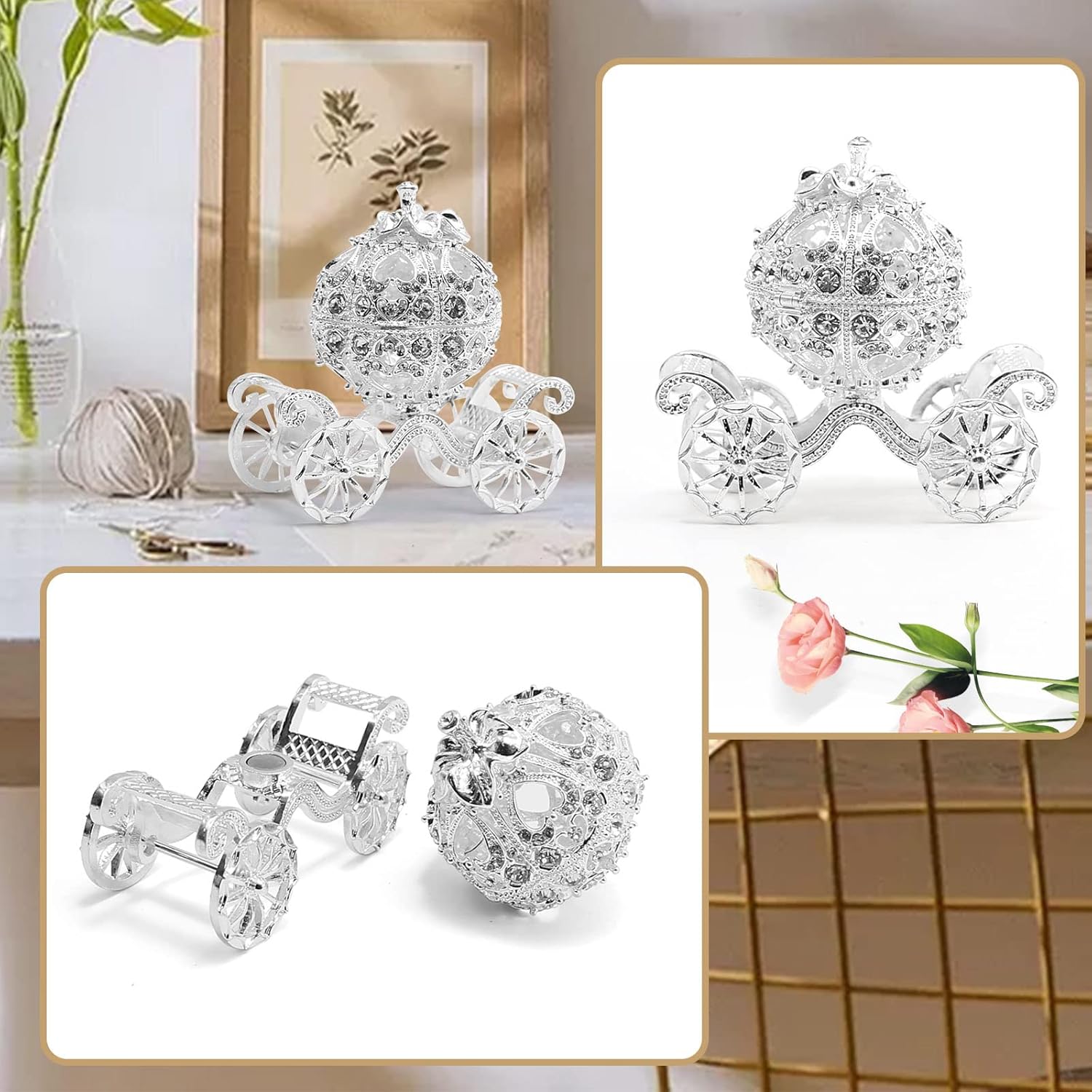 MDEOOSKY Silver Diamond Pumpkin Carriage Jewelry Box, Cinderella Pumpkin Carriage Decorative Hinged Jewelry Trinket Box, Hollow Diamond Pumpkin Carria, 3.02''x1.77''x3.02'' (Interior Space: 1.77 Inch) - Image 7